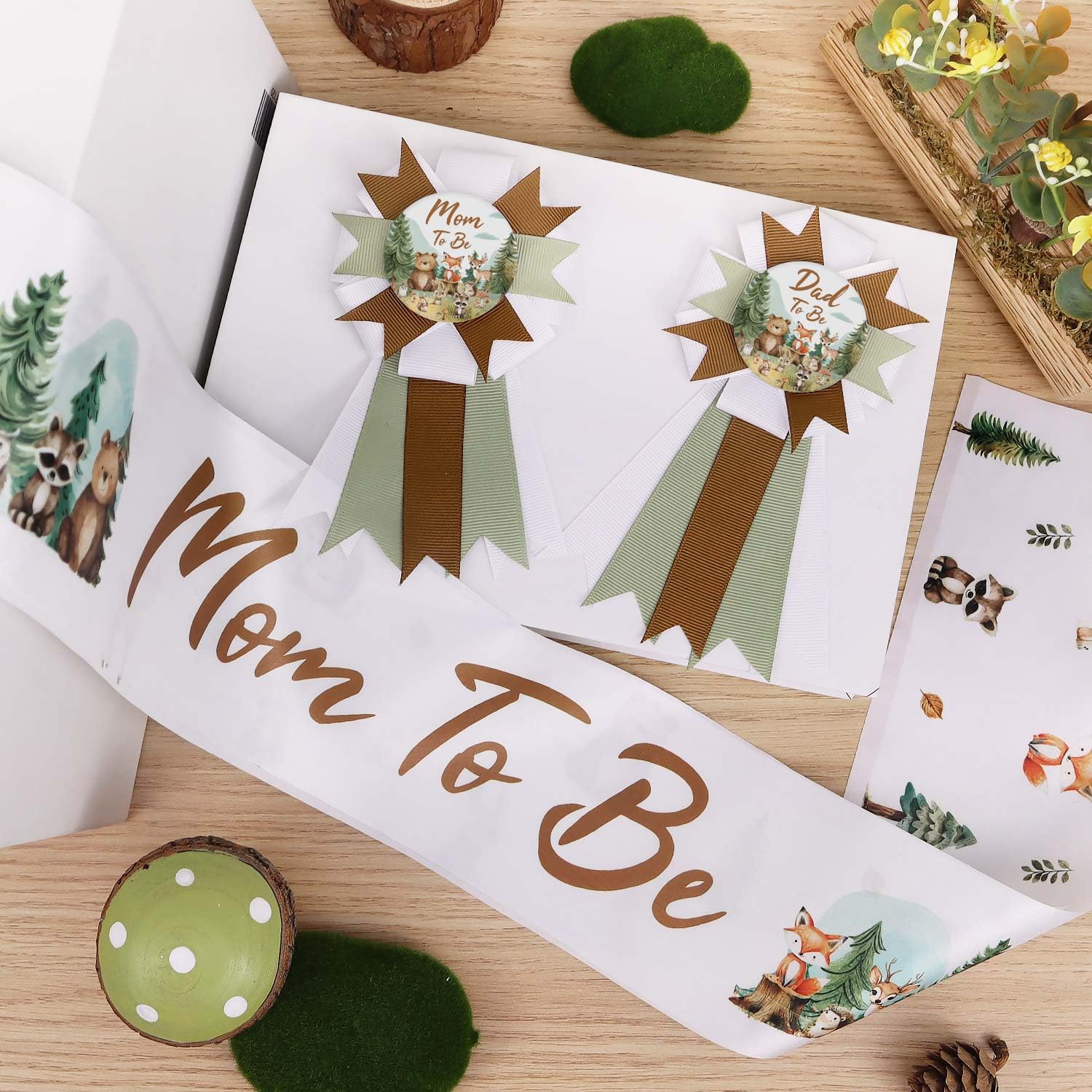 Woodland - Juego de ramilletes para baby shower, diseño de mamá a ser y papá para ser, banda neutral para baby shower, regalo para mamá embarazada, decoración de fiesta
