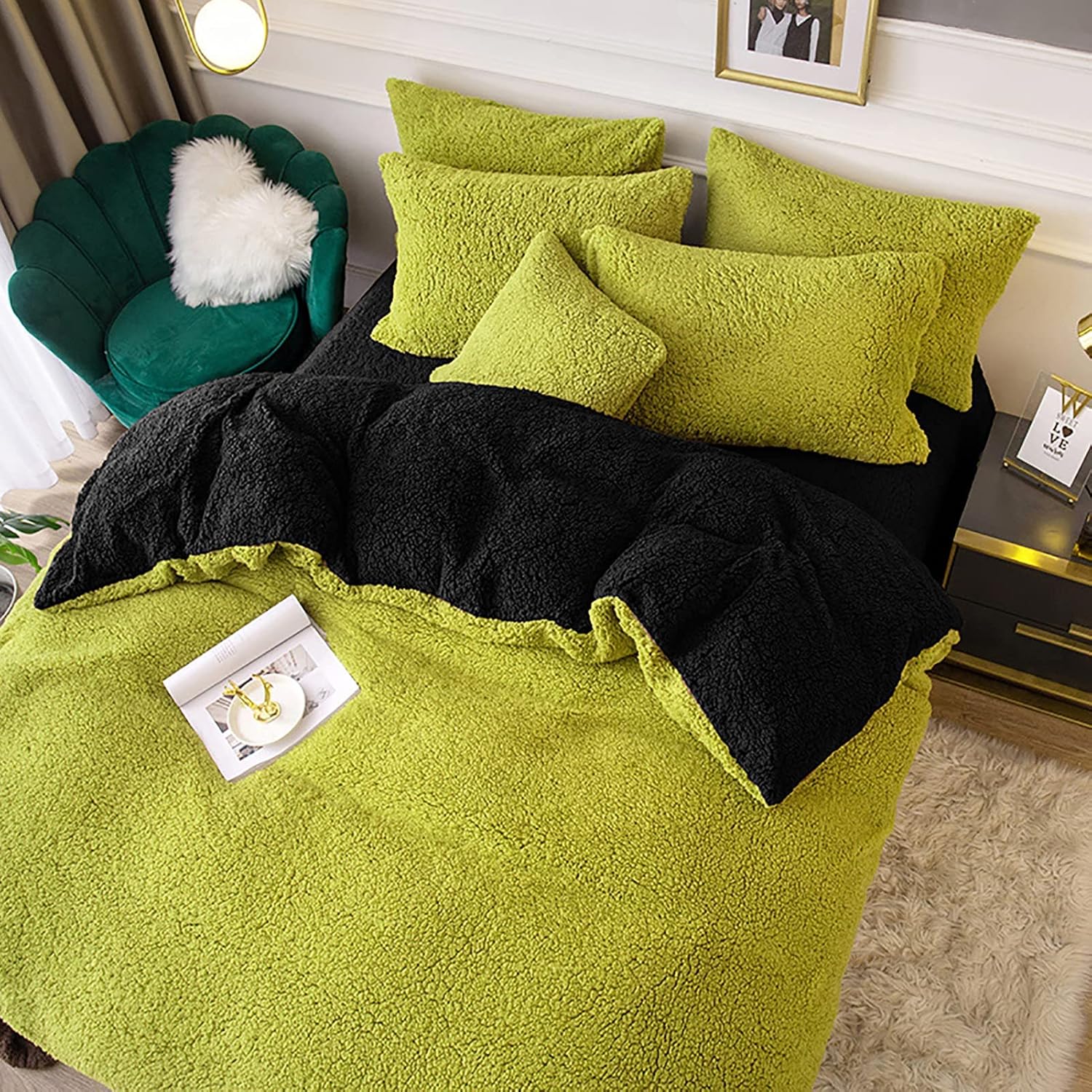 Ultra Soft Fleece Duvet Cover Sherpa Fleece Quilt Cover Thick Warm Bedding Queen Size with Zip-Green 200x230cm(78"x90") (Green 220x240cm(86"x94"))