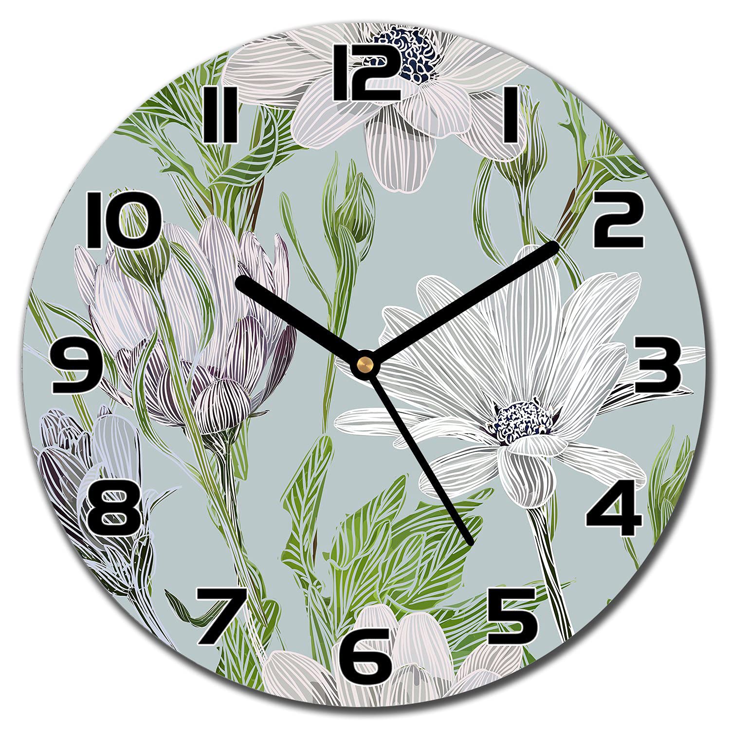 Horloge en verre lisible à aiguilles noires montre murale cuisine fleurie