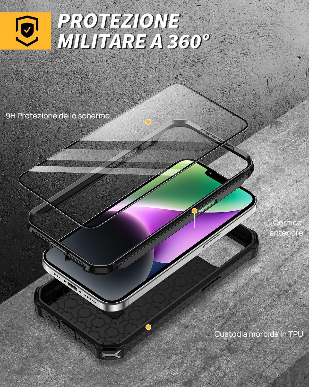 Lanhiem Cover per iPhone14 PRO con 2 Pezzi Vetro Temperato, 6FT Antiurto Anticaduta Militare,Supporto Magnetico Anello a 360° Protezione Armor Protezione, Custodia per iPhone 14 PRO, Nero