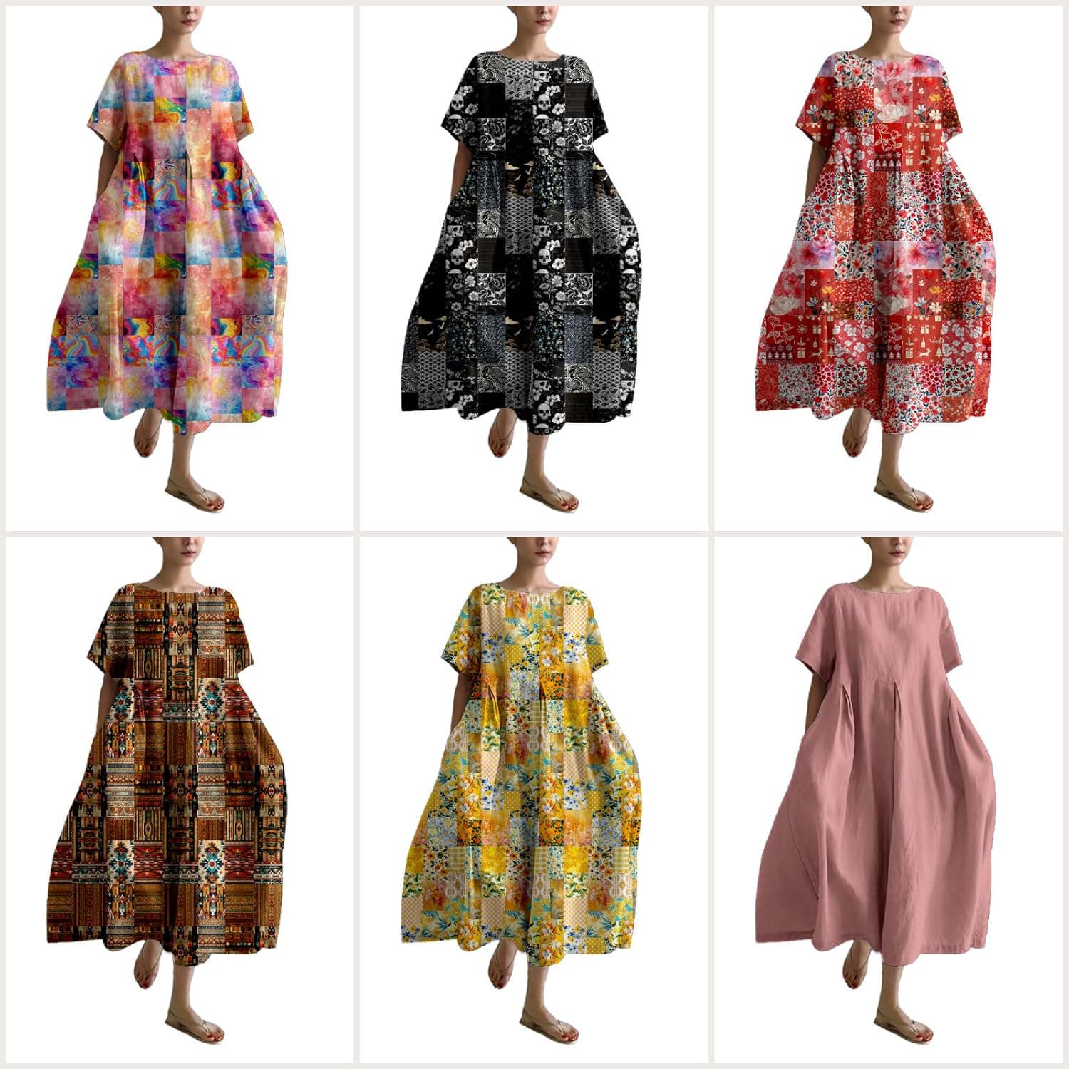MARSVOVO Patchwork Flowy Dresses for Women Plus Size Loose Casual Tunic Dress Elegant Crewneck Maxi Dresses with Pockets - Image 3