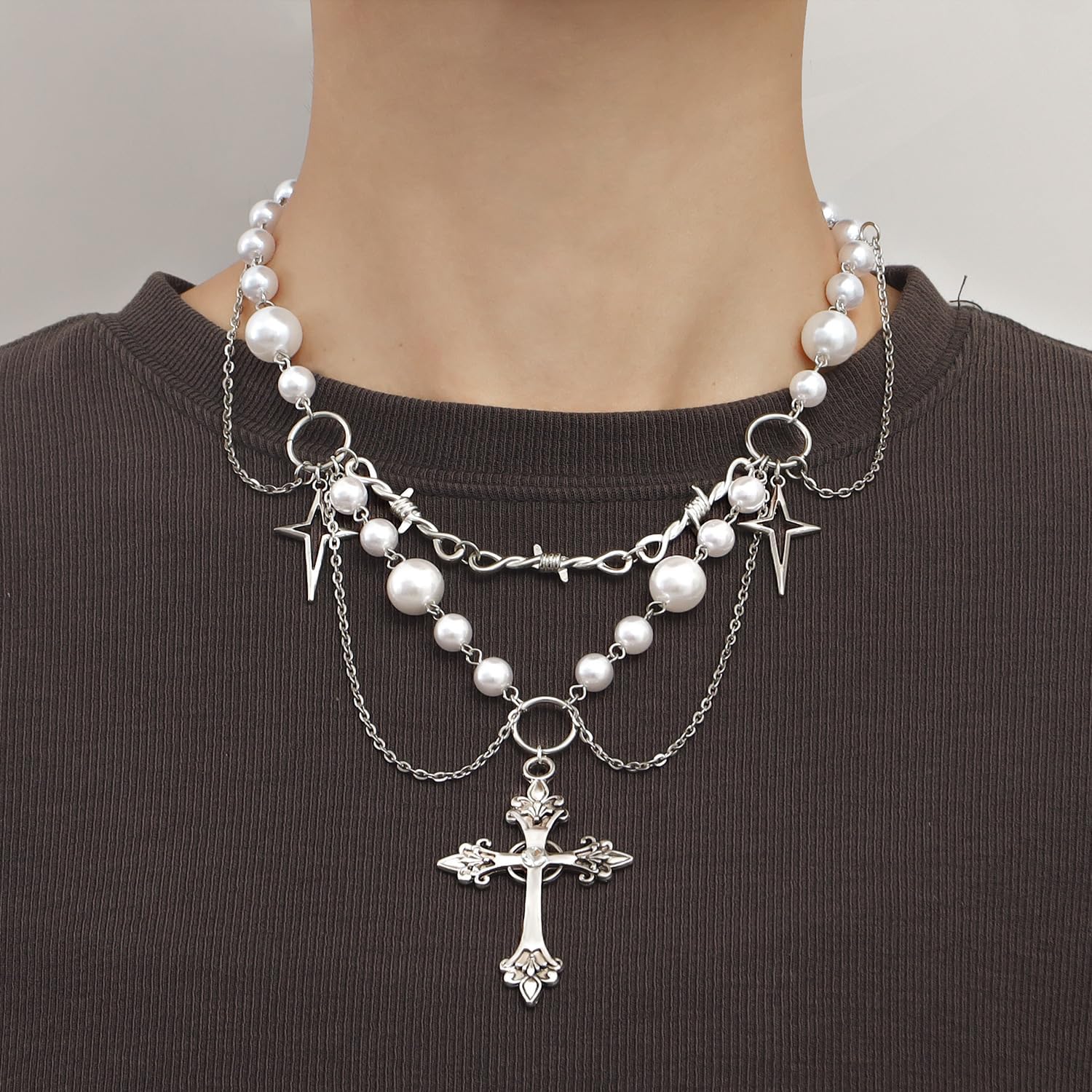 Y2K Goth Faith Cross Necklace with Faux Pearl Chain Double Layers Long Tassels Cross Pendant Necklace