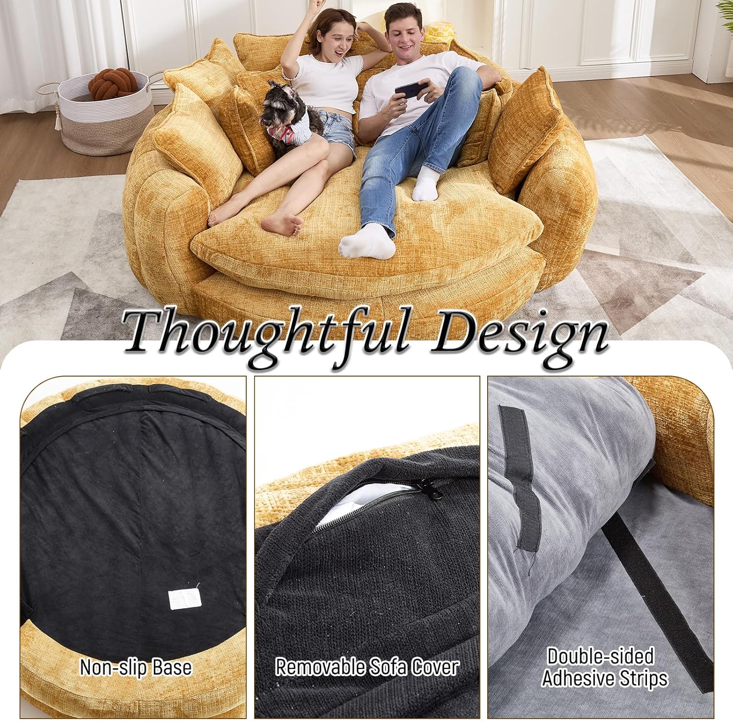 81.1"W Oversized Round Chaise Lounge Chair Indoor Sofa Bed, Extra Wide Round Couch for 2 People, Oversized Chair with 14 Pillows, Comfy Cloud Reading Couch Fluffy Sleeper Sofa for Living Room(Yellow)