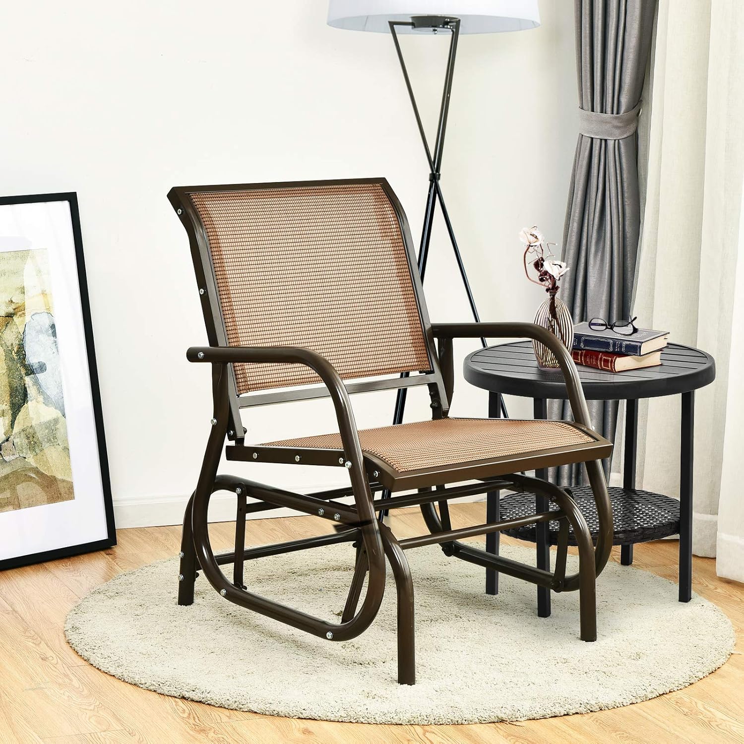 Giantex Swing Glider Chair W/Study Metal Frame Comfortable Patio Chair Love-Seat for Garden, Porch, Backyard, Poolside, Lawn Outdoor Rocking Chair (1, Brown)