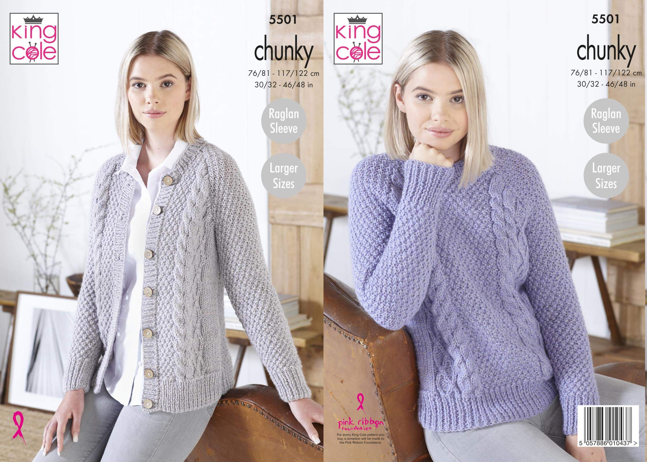 King Cole 5501 Knitting Pattern Womens Sweater and Cardigan in Big Value Poplar Chunky