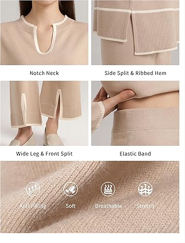 Miniatura 4 de SuperPrity Conjunto de 2 piezas de suéter para mujer, con cuello de muesca, manga larga, suéter de punto y pierna ancha