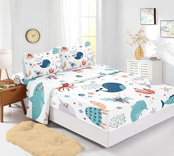 Sea Turtle Fitted Sheet Queen Beach Theme Dolphin Starfish Seaweed Bed Sheet Set 4Pcs Reptile Sea Animal Octopus Reptile Bed Cover for Teens Includes 1 Fitted Sheet,1 Flat Sheet,2 Pillowcases