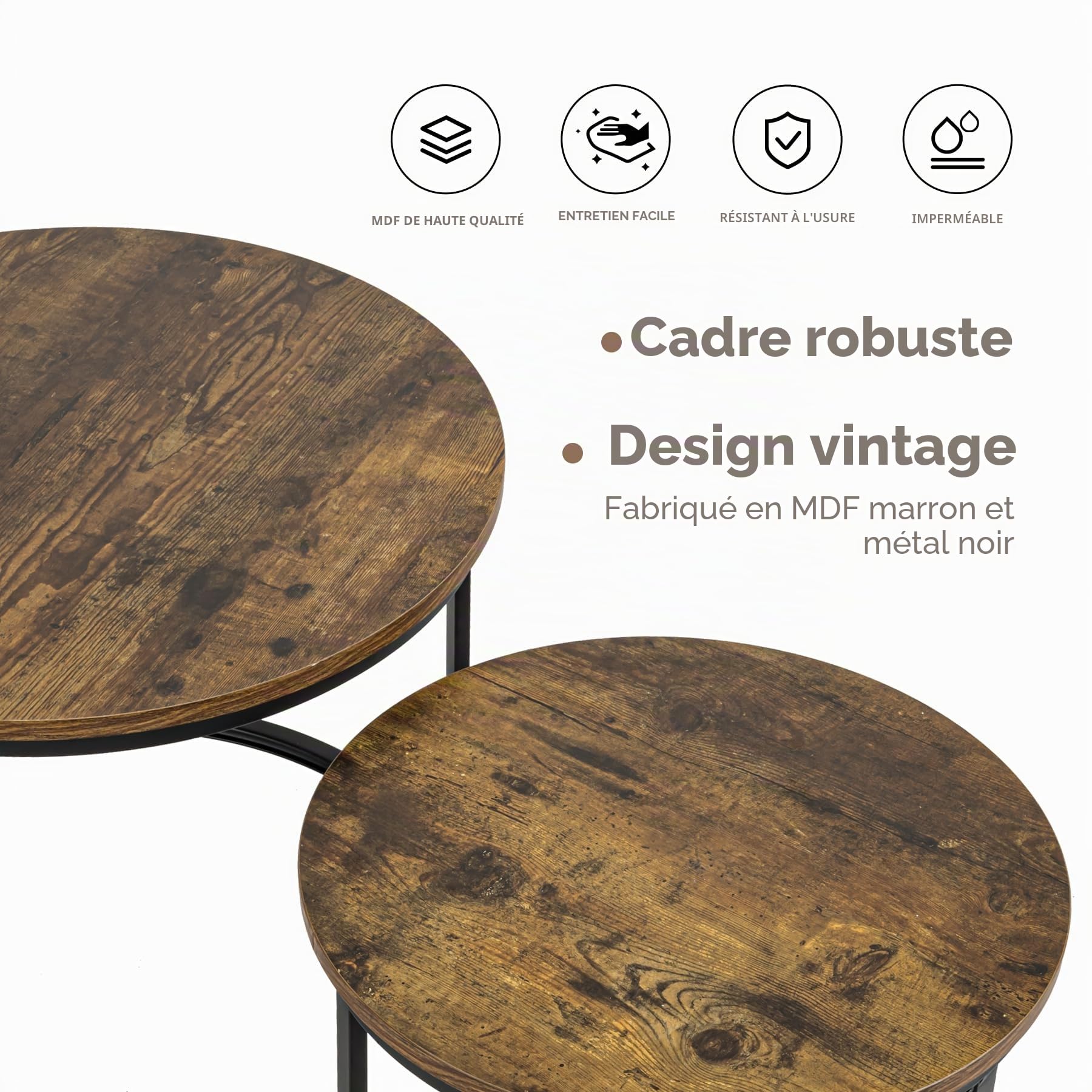 Hawthyhome Lot de 2 Tables d'appoint Rondes, en Bois avec Cadre en métal, Tables Basses Modernes pour Salon, Chambre à Coucher, Marron