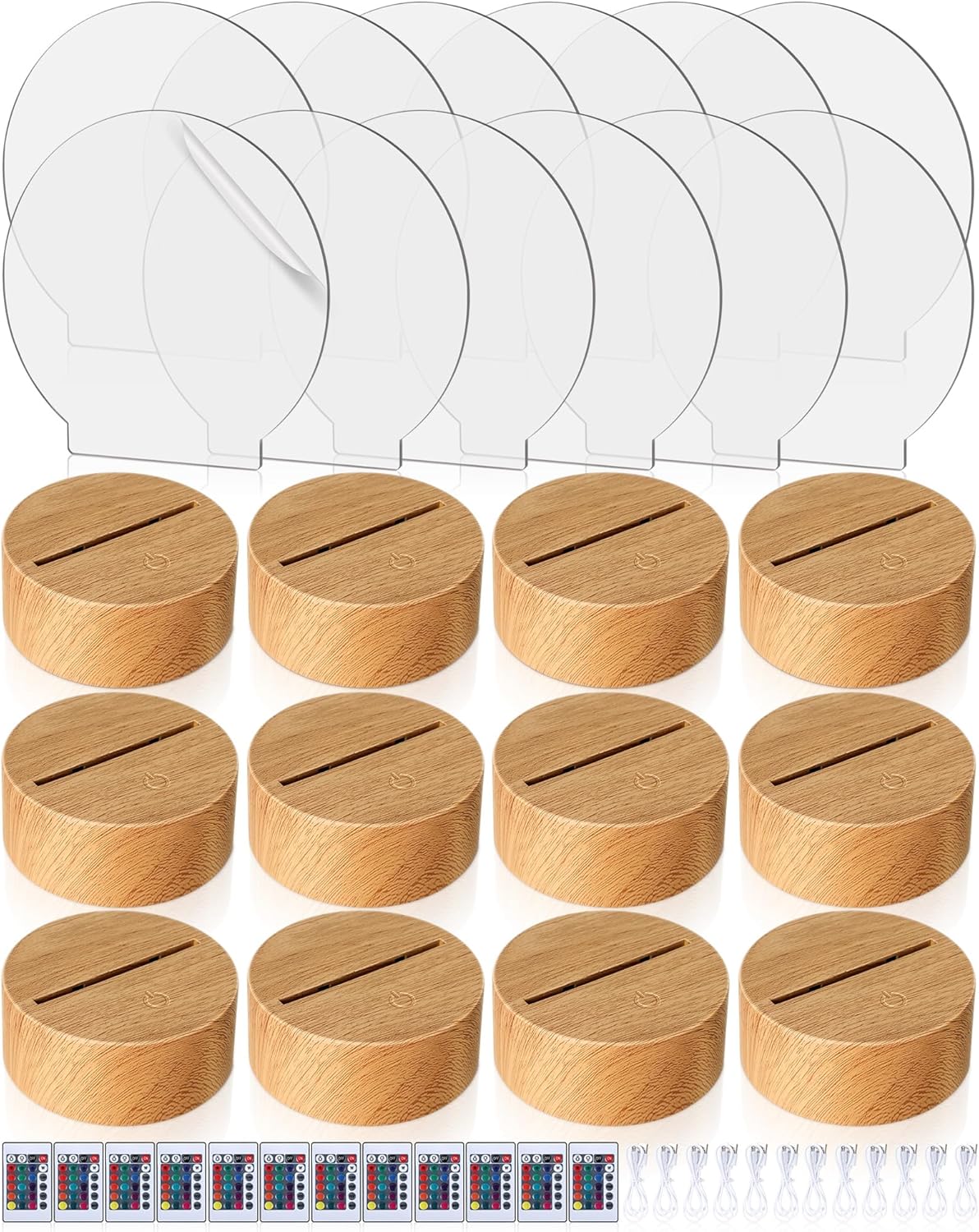 Baquler 12 Pcs 3D LED Night Lamp Base 12 Pcs Clear Acrylic Blank Sheets 16 Colors 4 Mode with Remote Control USB Cable Wood Color DIY Acrylic Lamp Base for Room Decor(Round)