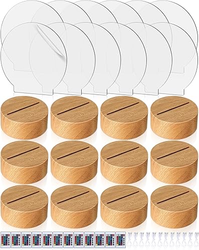 12 bases de lámpara de noche LED 3D, 12 hojas de acrílico transparente en blanco, 16 colores, 4 modos con control remoto, cable USB, color madera,