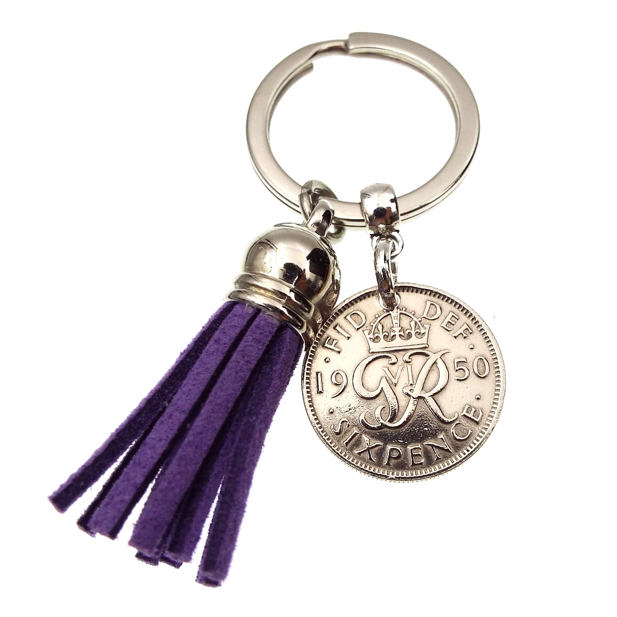 A Silver Dream 1950 Sixpence Mauve Tassel Coin Keyring