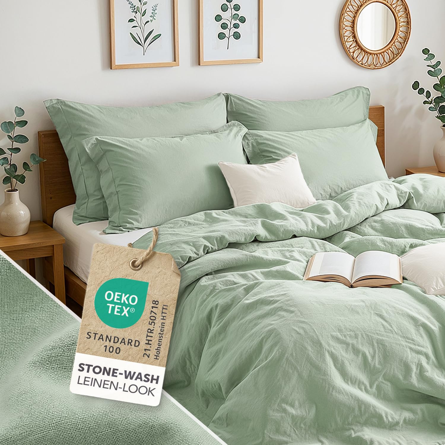 Blumtal Bettwäsche 155x220cm Sommer 2teilig mit Kissenbezug 40x80cm - Bettbezug leinenartige Baumwolle, ähnlich wie Bettwäsche Leinen - Oeko-TEX zert. Stone Washed Bettbezug Sommergrün
