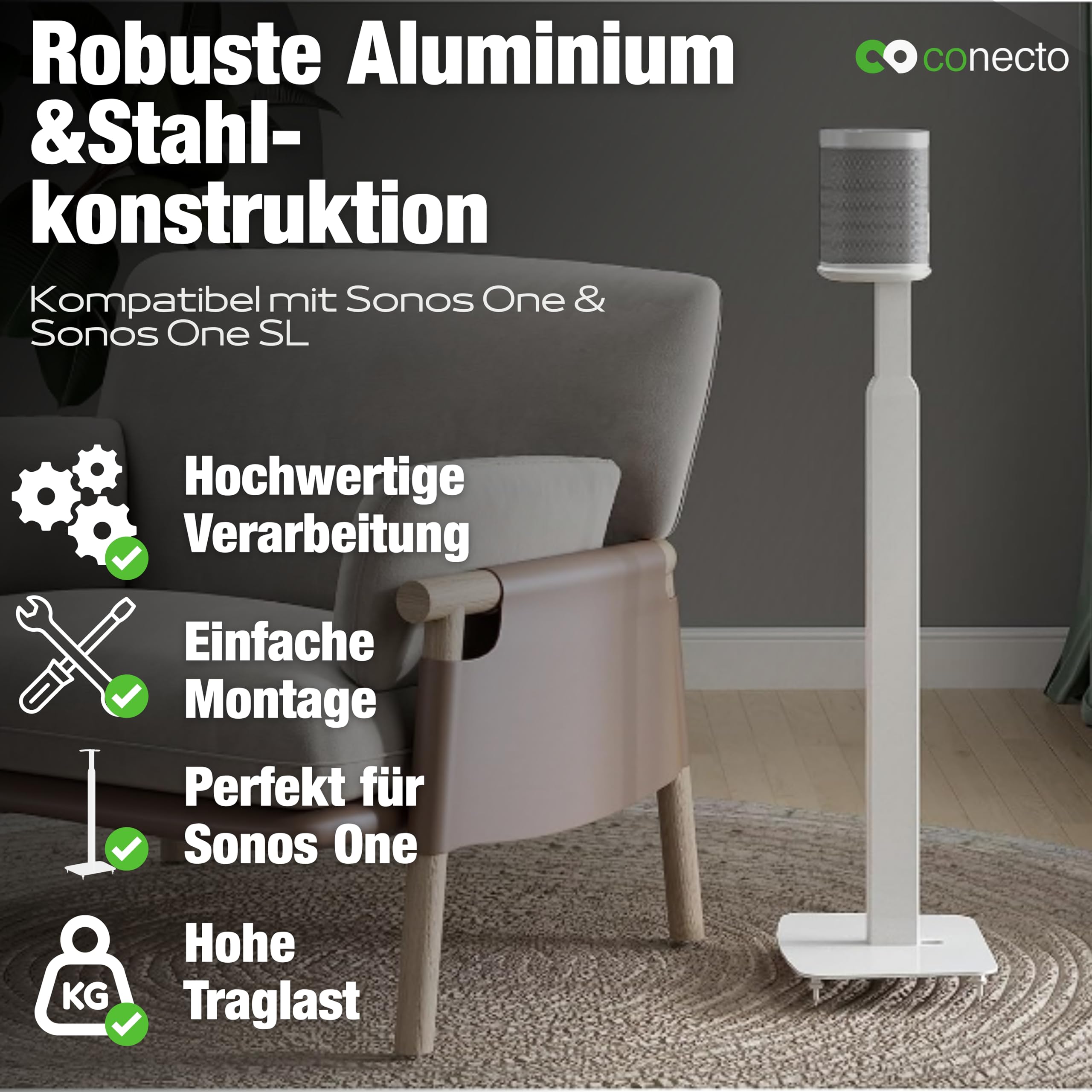 conecto Stojak głośnikowy z regulacją wysokości do SONOS ONE® i SONOS ONE SL®, odległość od ściany 25 cm, nośność 3 kg, biały
