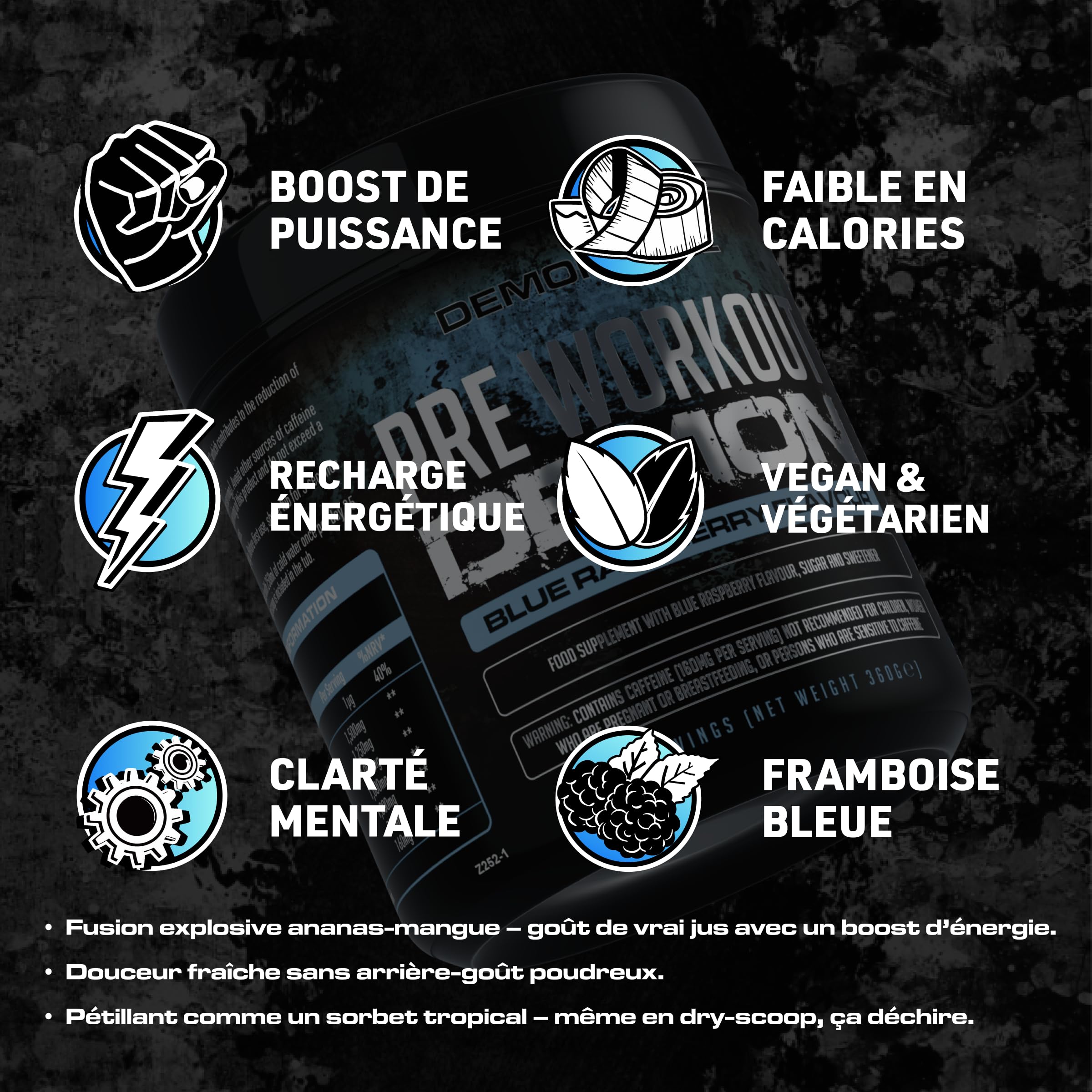 Pre Workout Demon - Pré-Entraînement Créatine (Framboise Bleue, 360g) | Booster pré-entraînement en poudre avec 160mg de caféine par dose, créatine, bêta-alanine, citrulline, glutamine et taurine