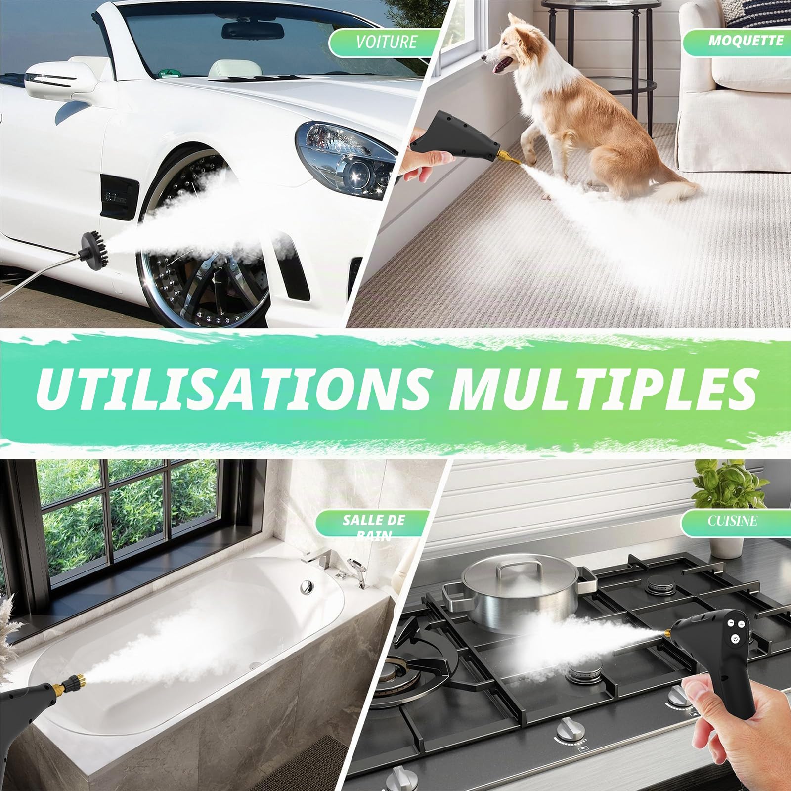 Nettoyeur Vapeur 2500W – 3 Bars, Chauffage 15S, Nettoyeur à Vapeur à Main avec Bouton Tactile Réglable, 4 Têtes de Brosse, Poignée Réglable 3 Niveaux, pour Cuisine, Salle de Bain, Voiture et Carrelag