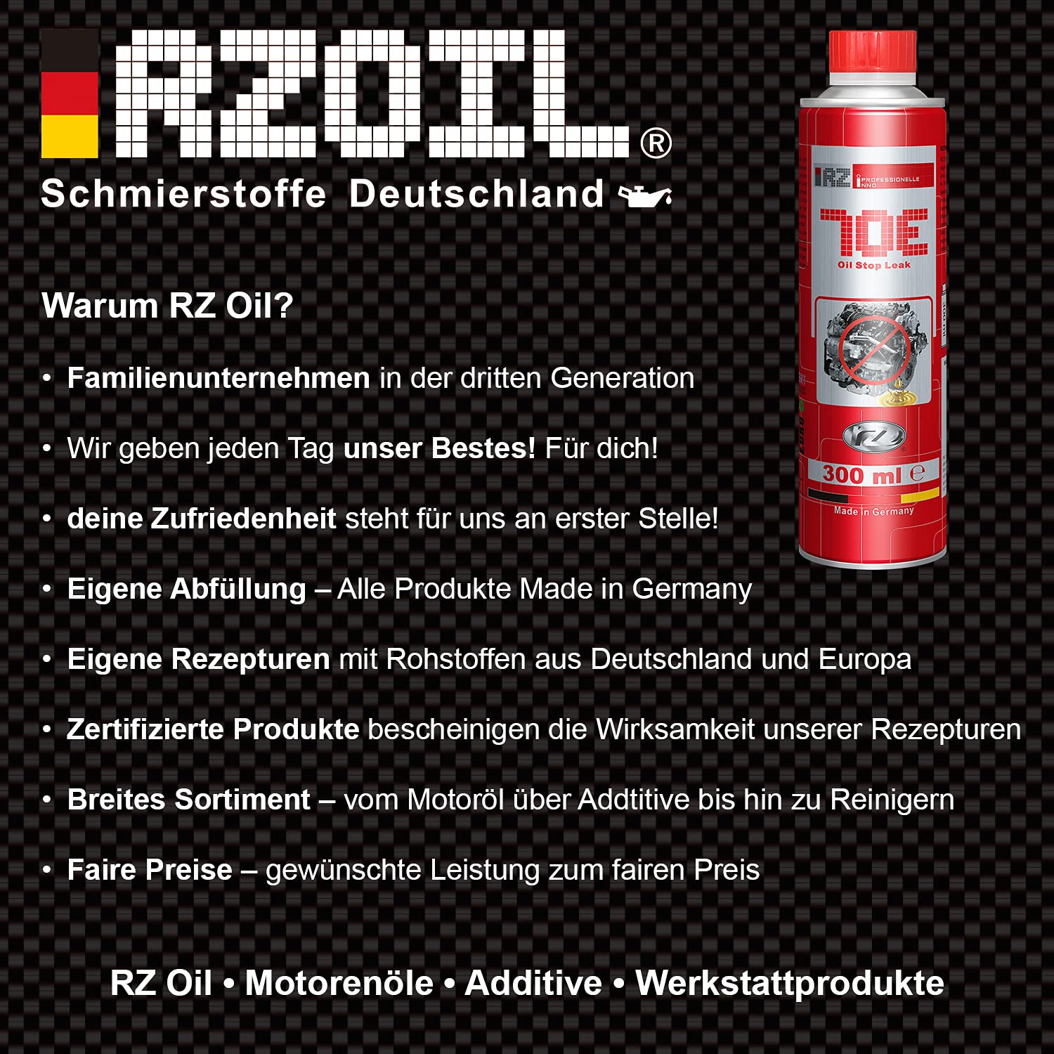 RZ70E Öl-Leck-Stopp | Sigillante per motore | Stop alla perdita di olio | Additivo per guarnizioni | Latta da 300 ml