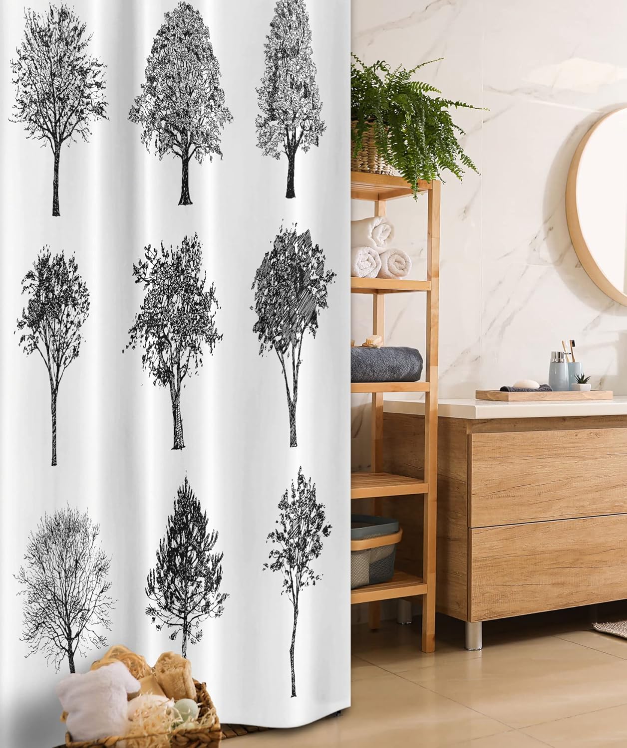 Ambesonne Sketchy Shower Curtain, Various Type of Tree Sketches with Minimalist Effect Mother Earth Artwork, Cloth Fabric Bathroom Decor Set with Hooks, 69" W x 75" L, Black White