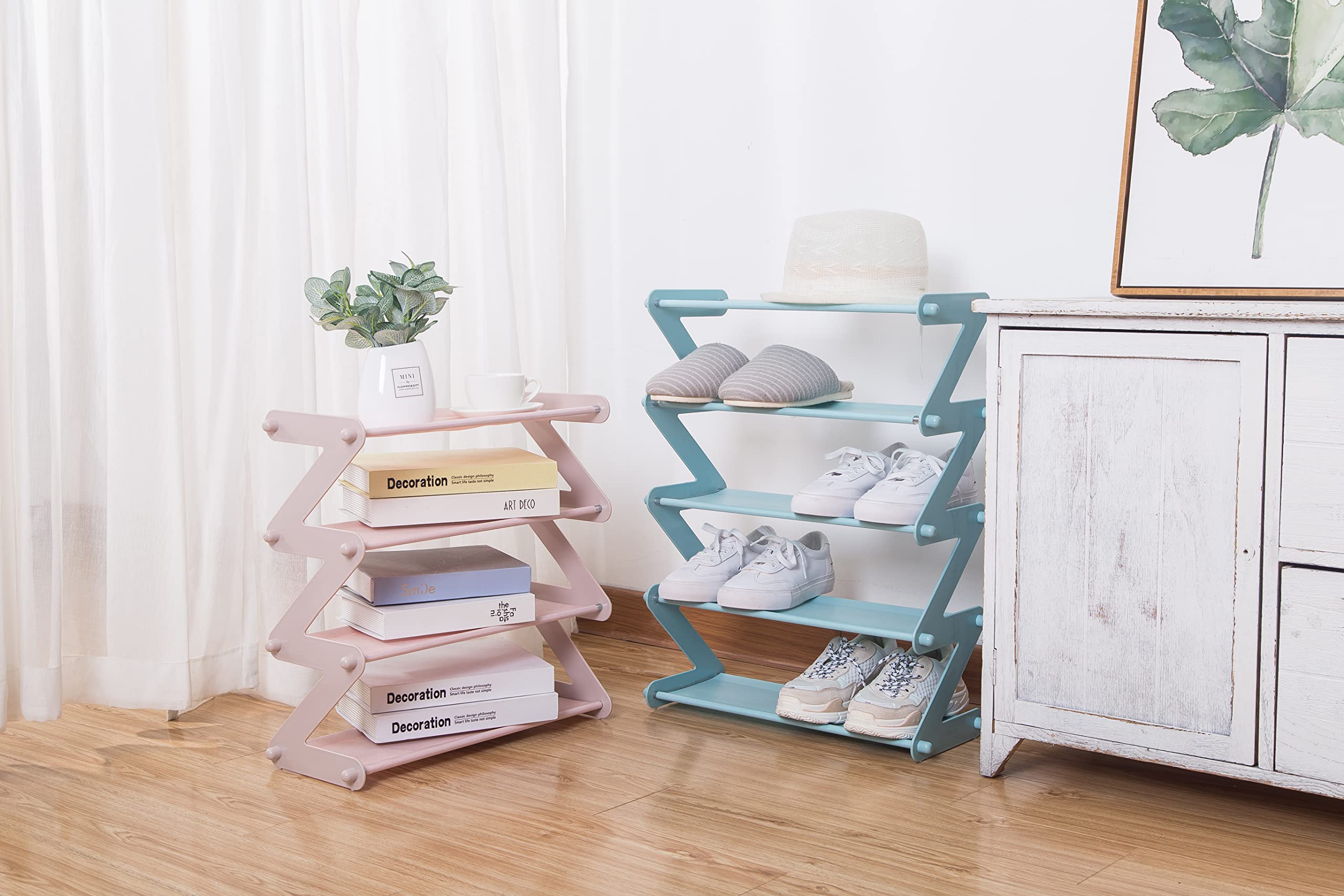 Zapatero de 4 Niveles Organizador Apilable para 8-10 Pares, Gabinete de Almacenamiento de Estante de Zapatos Expandible de Tela no Tejida para Espacio pequeño y Estrecho (Pink)