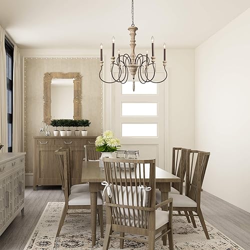 Miniatura 2 de LALUZ Candelabro de campo francés para comedor 6 luces madera envejecida hecha a mano 31 pulgadas de diámetro