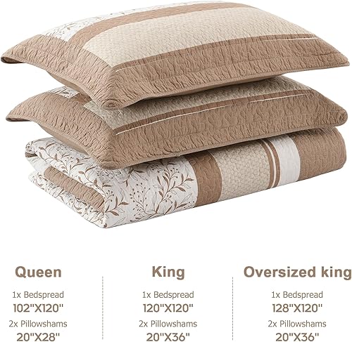 Miniatura 6 de Finlonte Juego de colchas de tamaño Queen, diseño floral de retazos reales, color marrón, azul marino, a cuadros, 100% algodón, reversible, ligero,
