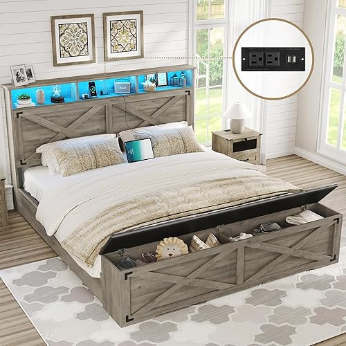 DICTAC Farmhouse Queen Bed Frame with Storage Headboard and Charging