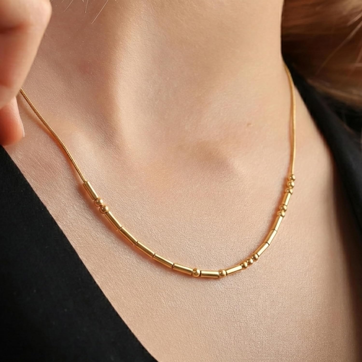Morse Code Necklace for Women - 14K Gold Plated Minimalist Secret Message Jewelry - Handmade Adjustable Silk Cord/Dainty Chain - Inspirational Jewelry Gift for Her, Mom, Daughter, Best Friend (Custom/Personalized)