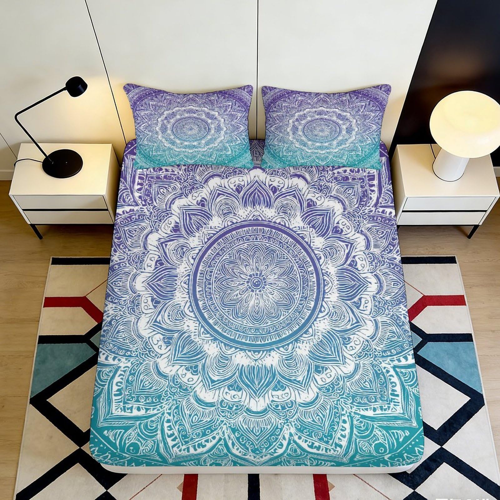 3D Printed Mandala Gradient Fitted Sheet Microfiber Non Slip Lotus Pattern Mattress Cover Bedroom Dorm Easy Care 140x200x25cm