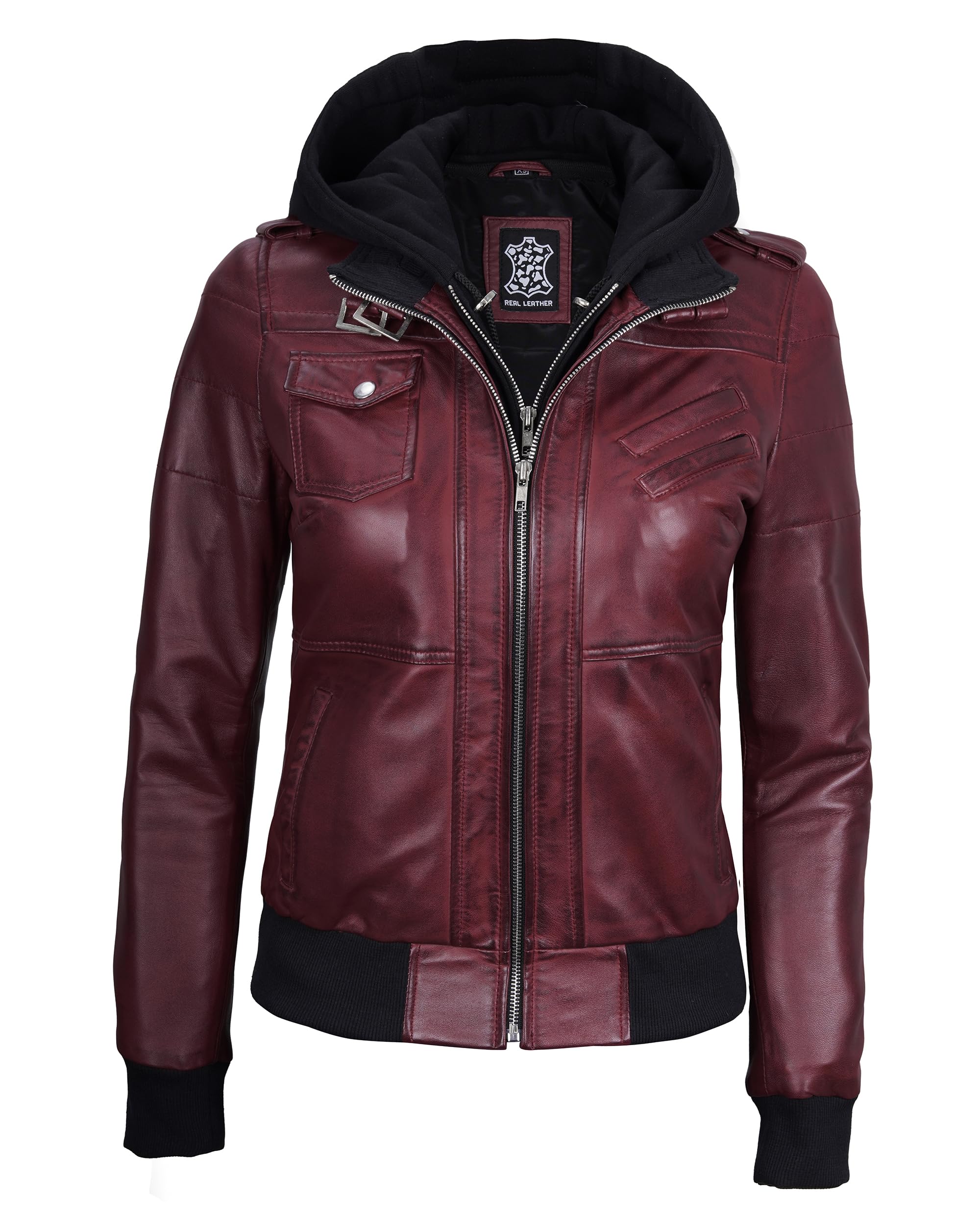 Decrum Detachable Hooded Leather Jacket Women - Real Lambskin Leather Bomber Jacket Women with Hood