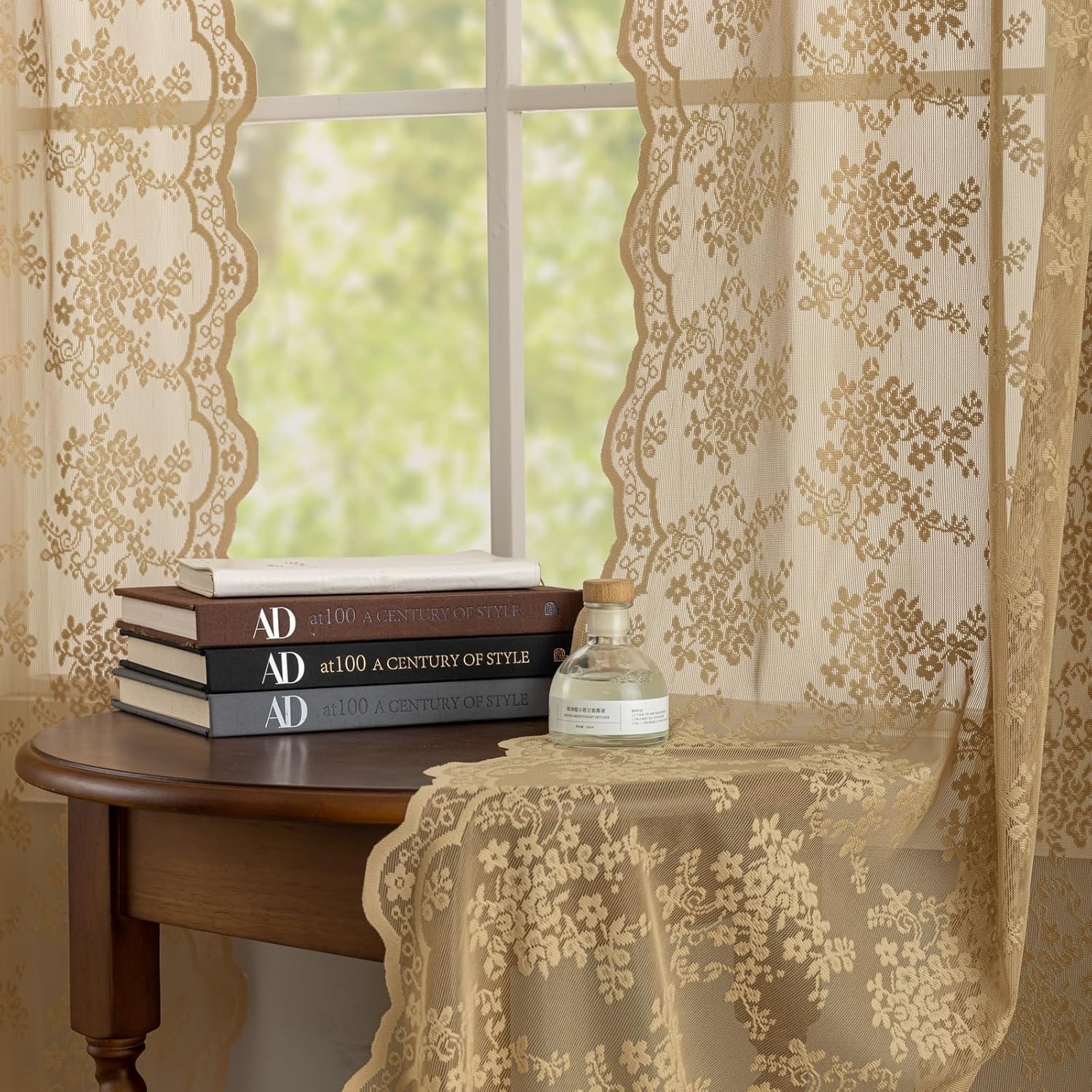 YJ YANJUN Vintage Lace Curtains 2 Panels Farmhouse Short Tan Sheer Curtains for Kitchen Bathroom Rustic Scalloped Half Drapes 45 inch Length Light Filtering W52 X L45,Taupe/Khaki