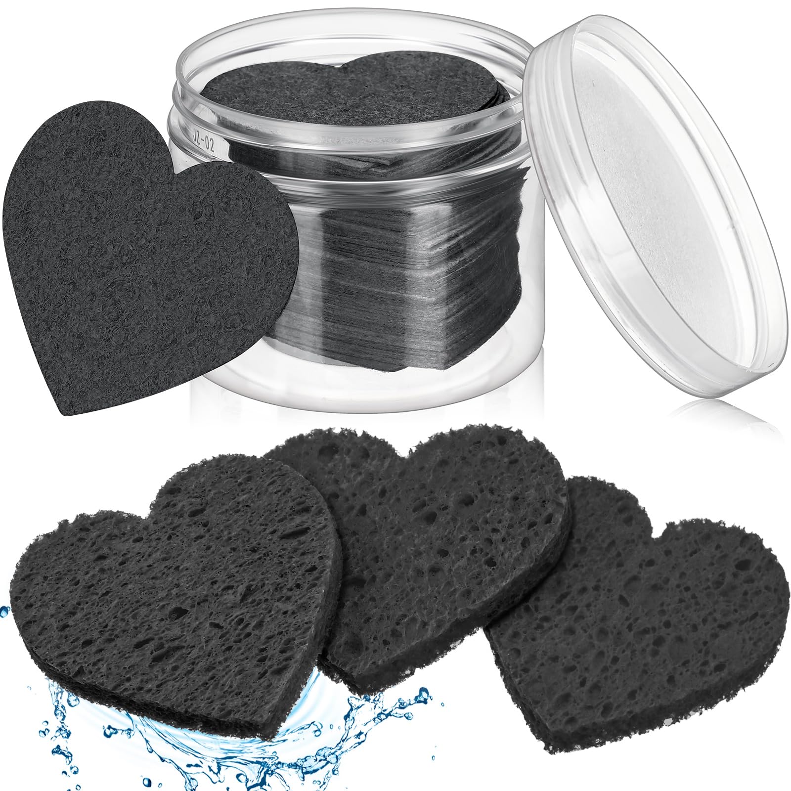 Nuenen 60 Pieces Facial Sponges with Container, Heart Shape Compressed Face Sponges Natural Cleaning Pads for Washing Face Cleaning Exfoliating