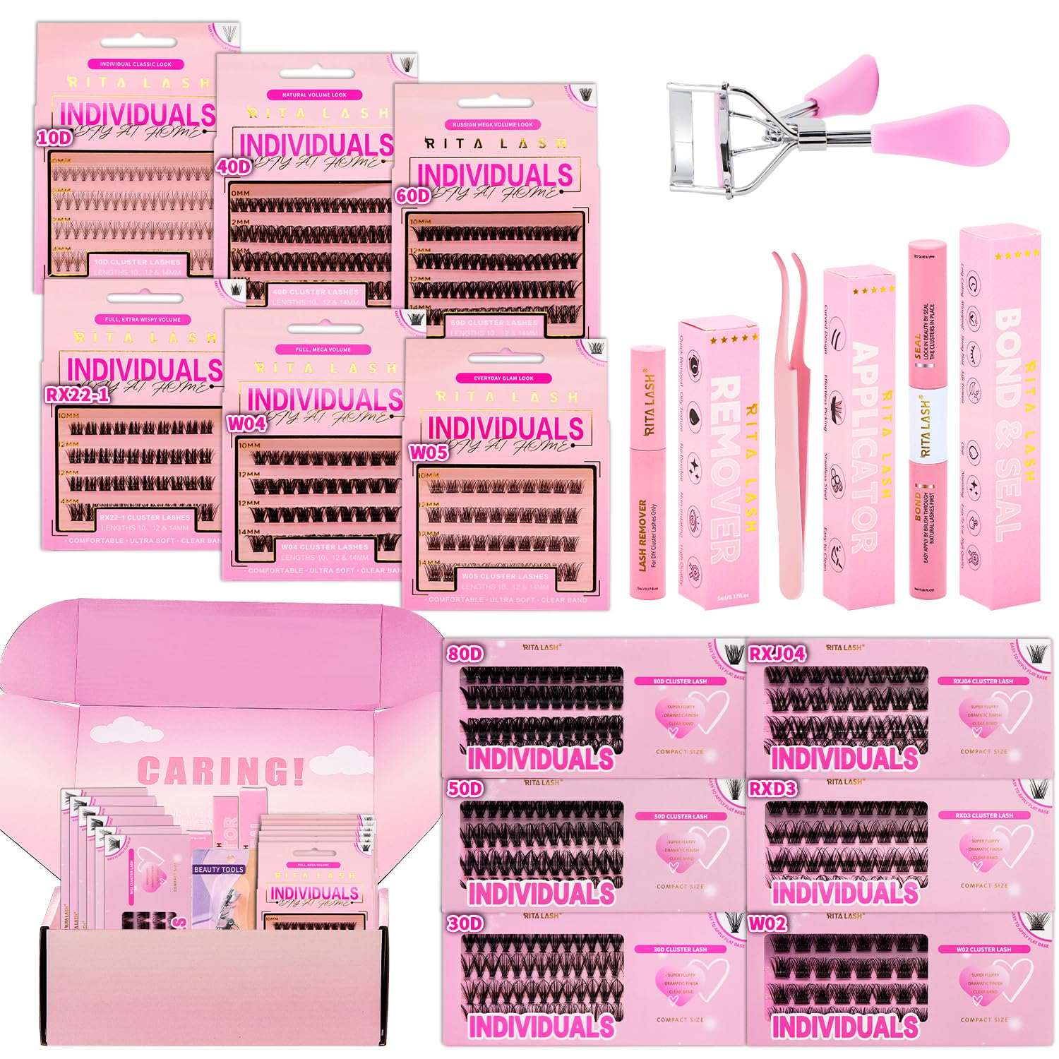 Lash Clusters Kit Lashes Clusters 12 Boxes Cluster Lashes Soft Eyelash Extensions Wispy Eyelash Cluster with Lash Bond and Seal,Remover,Tweezers,Eyelash Curler(16 Counts Lash Kit)