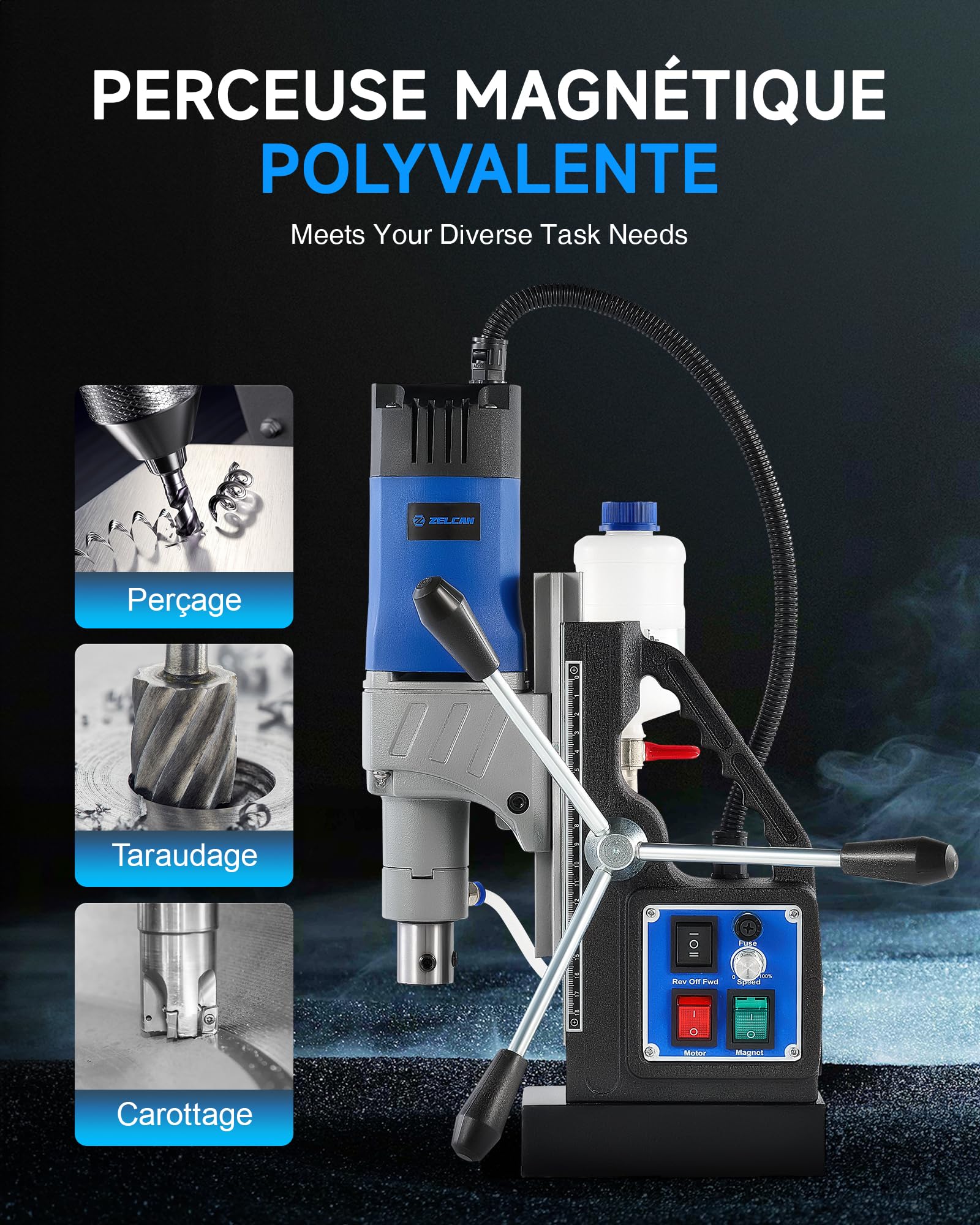 ZELCAN Perceuse Magnétique avec 11 Forets Perceuse à Colonne Électrique Portable 1550W 13000N 580 tr/min Max. Diamètre d'Alésage 50mm Max. Profondeur d'Alésage 50mm