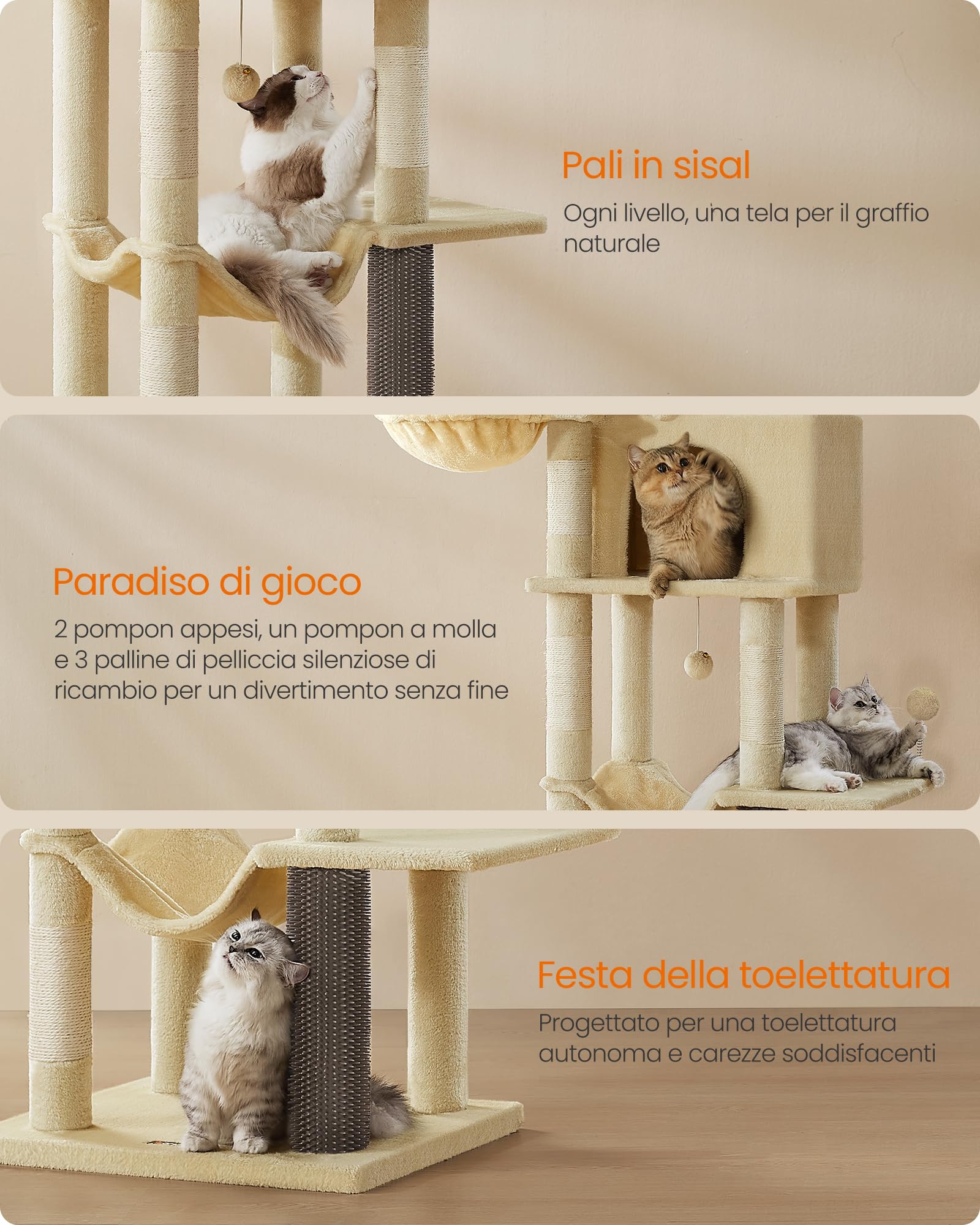 Feandrea Albero per Gatti Grande, Torre Tiragraffi Alto 175 cm, Multilivelli con 2 Grotte, 2 Cestini, 5 Graffiatoi, Autospazzola, Trespolo, Amaca, Beige Sabbia PCT182Y01