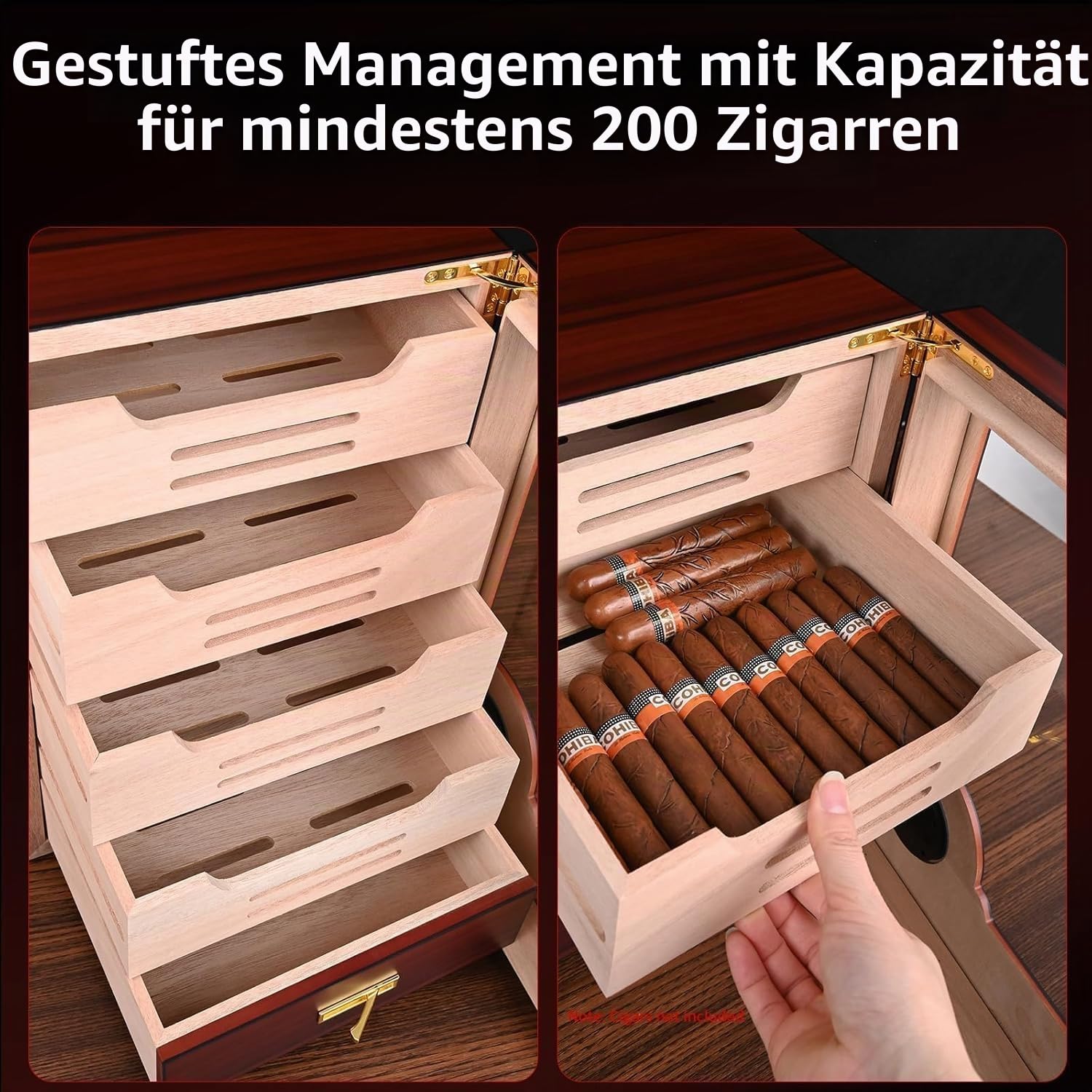 Velonx Humidor Zigarren, Handgefertigter Zedernholz Humidor Schrank für 200 Zigarren with Digital Hygrometer, Humidifier, Mit Glastür, 4+1 Fachböden, für Männer/Väter/Ehemänner
