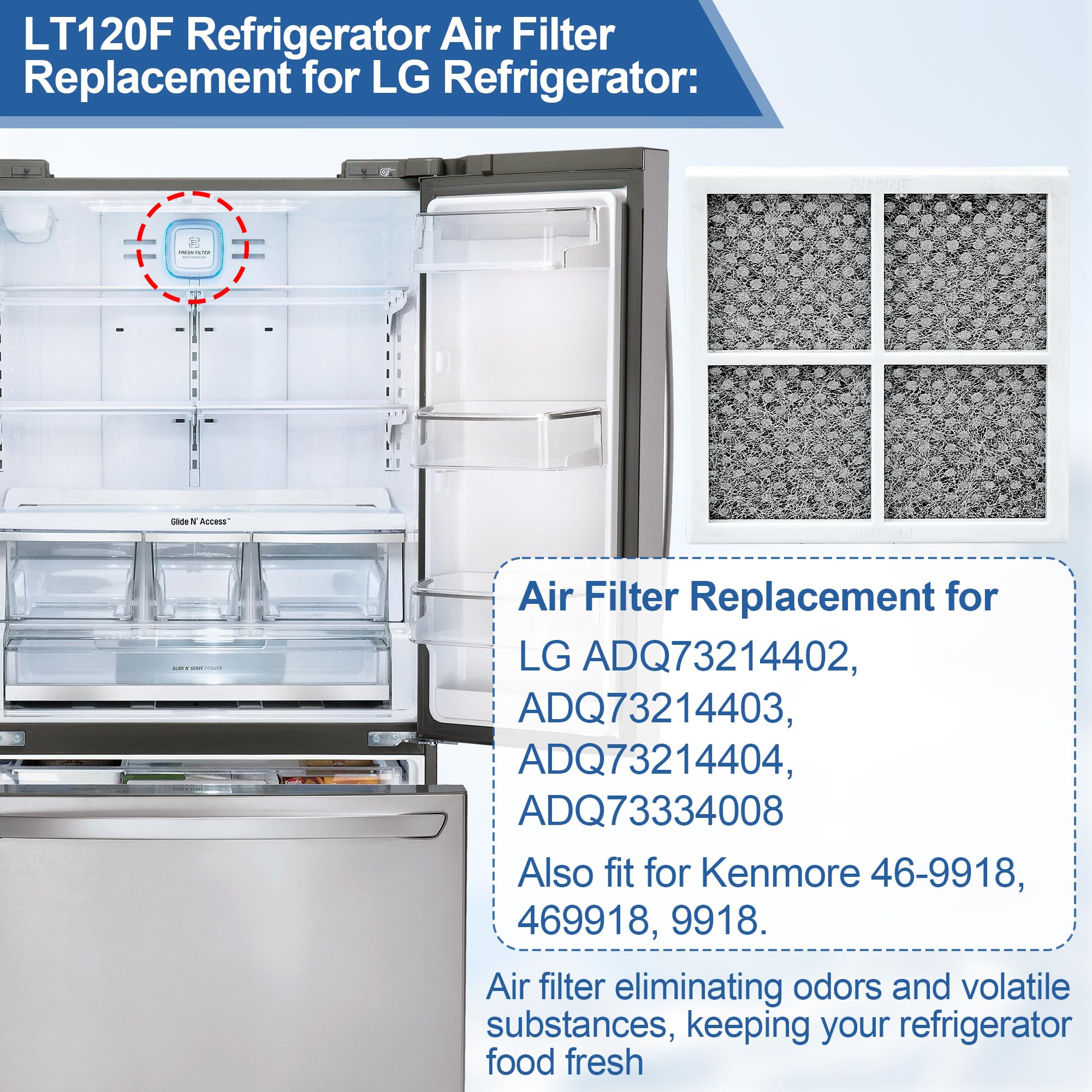 LT120F Lot de 6 filtres à air de rechange pour réfrigérateur LG LT120F Kenmore Elite, filtre à air de rechange pour réfrigérateur ADQ73214402, ADQ73214403, ADQ73214404