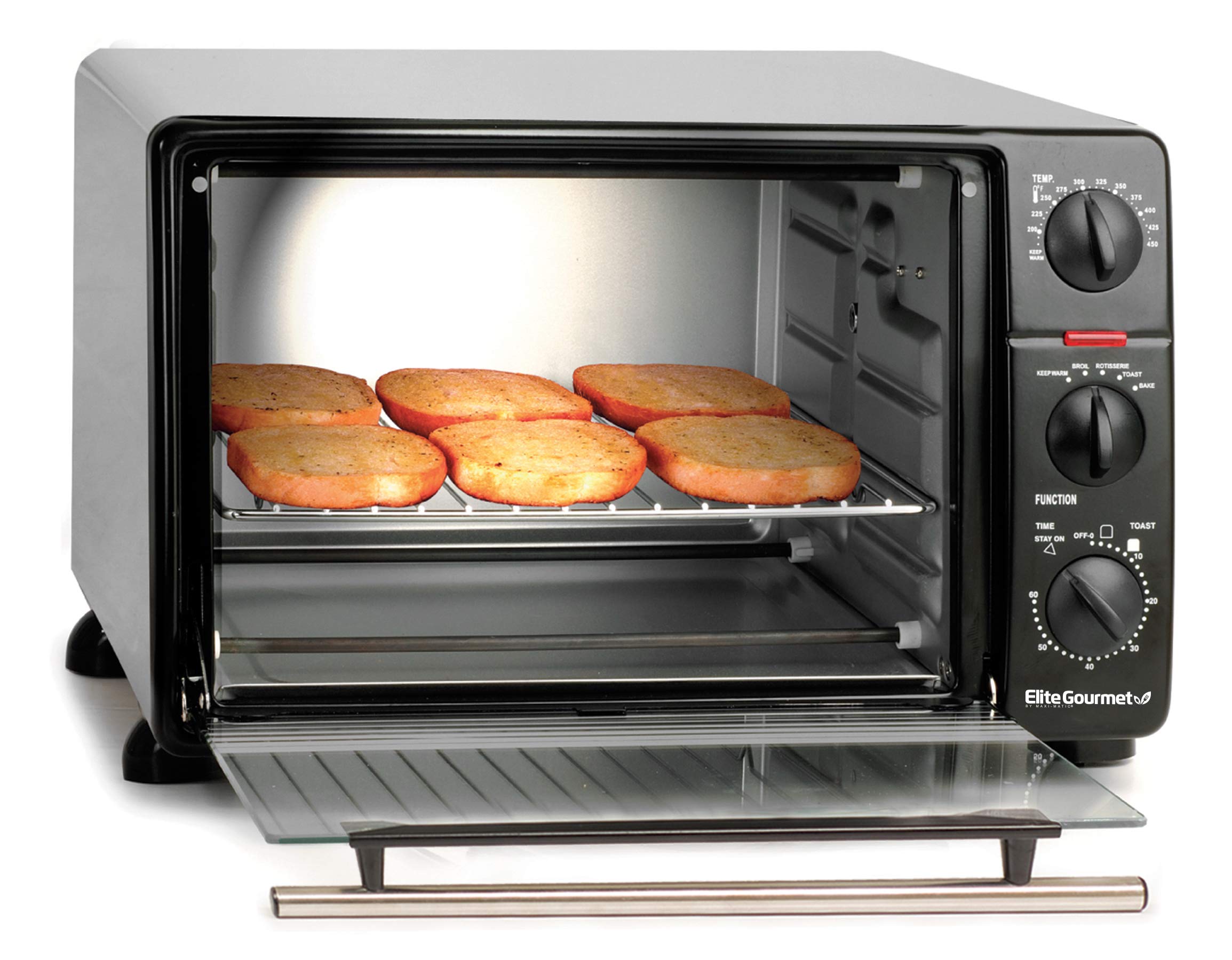 Elite Gourmet Counter Top Toaster Oven Rotisserie, Bake, Grill, Broil, Roast, Toast, Keep Warm