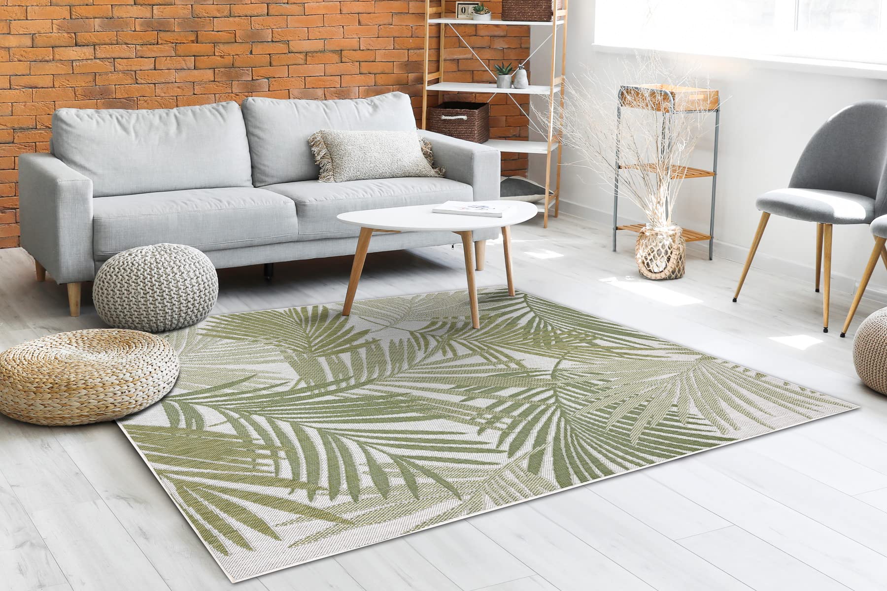 rugsx Tapis SISAL SION Intérieur & Extérieur, Haute qualité, Tissage à Plat, pour Chambre/terrasse/Balcon, Feuilles de Palmier, Tropical, tissé à Plat écru/Vert 80x150 cm