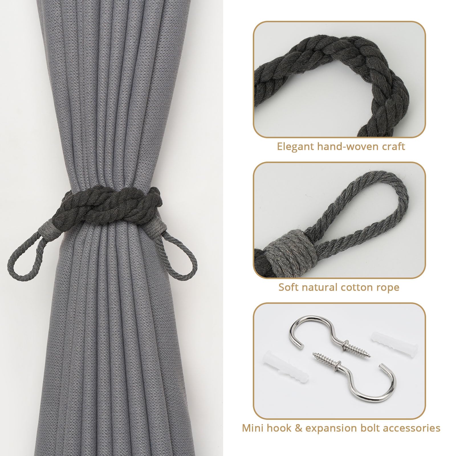 Pretty Jolly 2 Pack Natural Cotton Rope Curtain Tiebacks Elegant Boho Style Decor Drape Tie Backs Soft Hand-Woven Double Rope Curtain Holdbacks with Metal Hook for Home & Office Drapery (Dark Grey) - Image 2