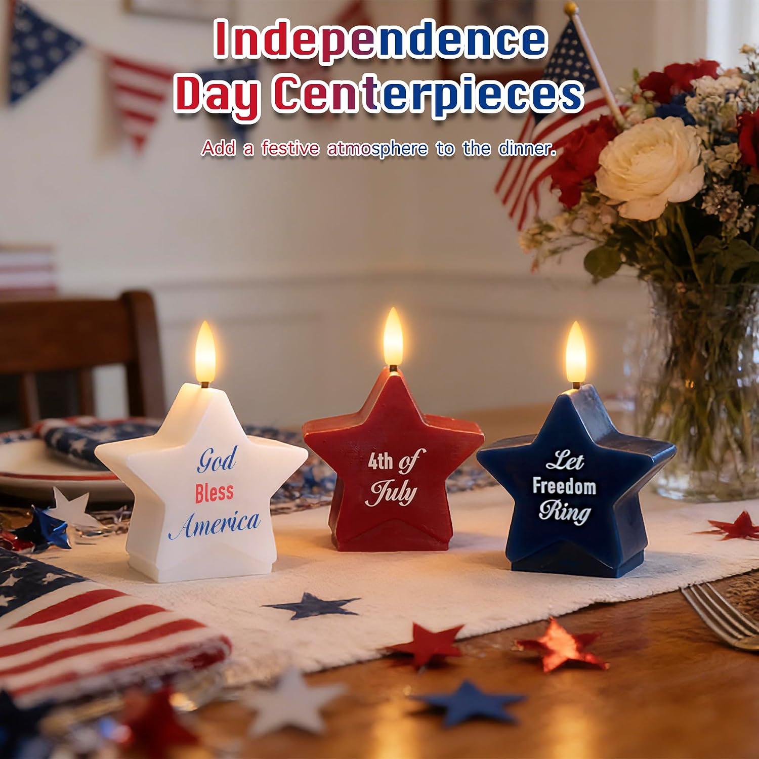 4th of July Flameless Candles with Remote, 250th Anniversary Patriotic Red White and Blue Battery Operated Star Shaped LED Candle Set of 3, Independence Day Decorations for Home Party Table Fireplace