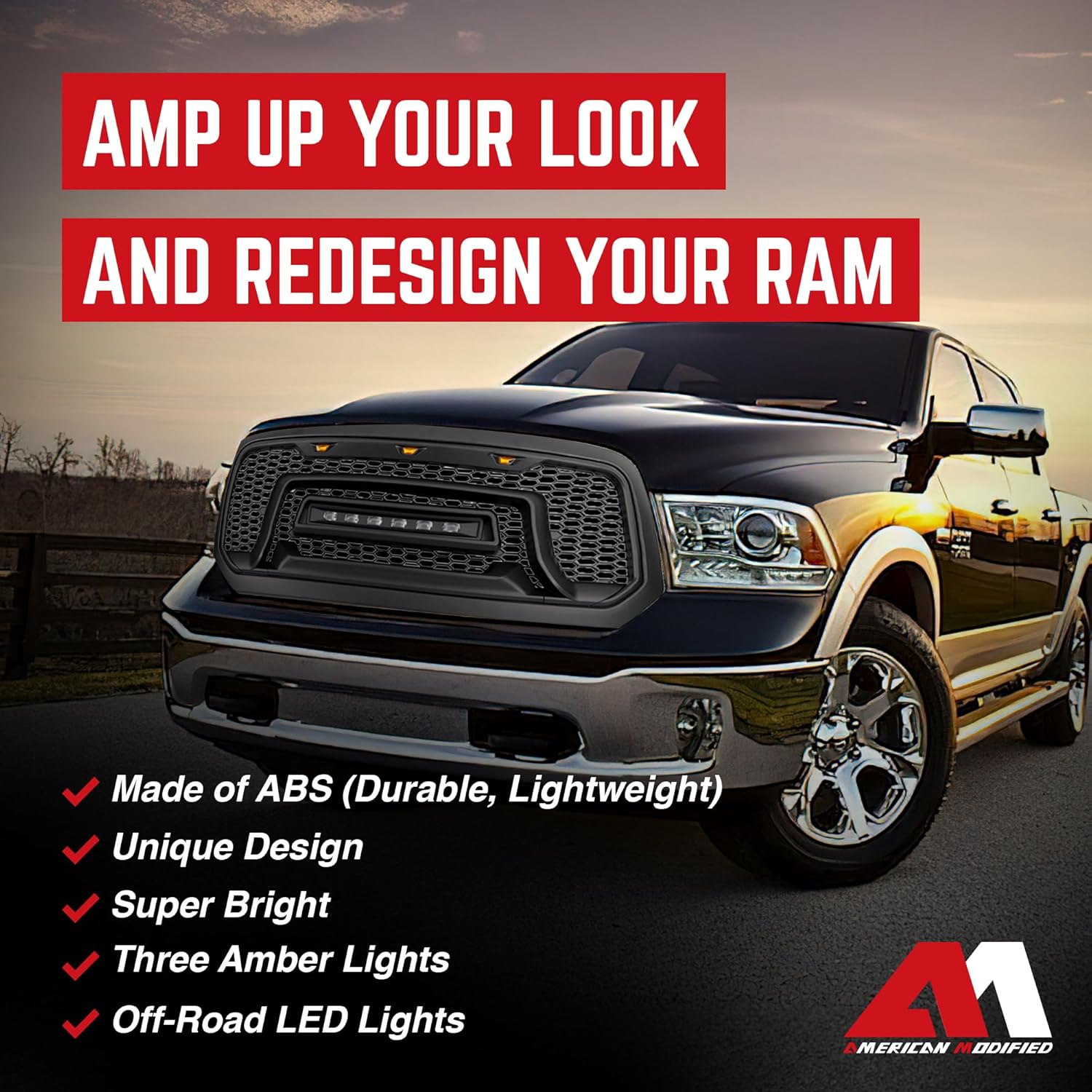 AMERICAN MODIFIED Front Grille Compatible with 2013-2018 Dodge Ram 1500, Replacement Grill w/Off-Road Lights, Matte Black