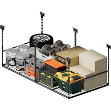 4x8 Ft Overhead Garage Storage Rack, 28-41 inch Height Adjustable Ceiling Mounted Organization Rack, 750 lbs Weight Capacity, 48"x96" Metal Rack for Garage Storage with Wire Decking
