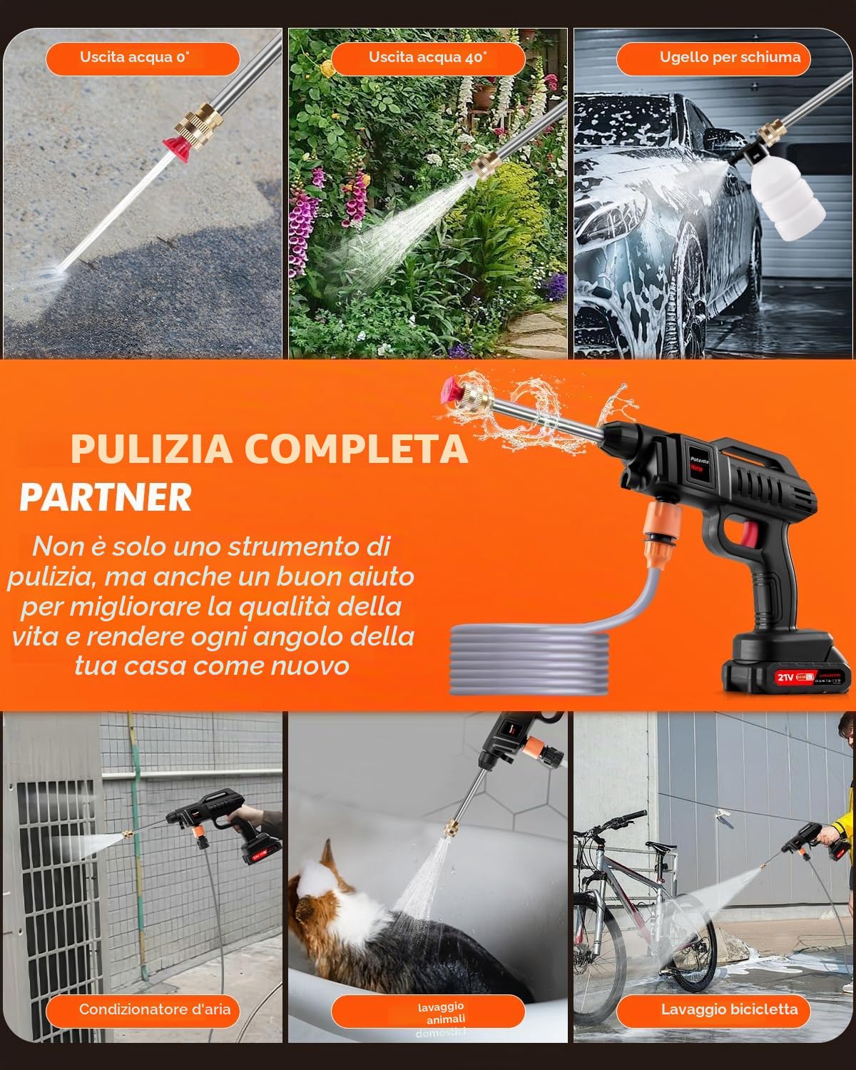 Idropulitrice a Batteria,Idropulitrice Portatile Potente con 2 Batterie,2 Ugello,La Schiuma Può,Tubo da 5M,Pistola Alta Pressione Senza Fili per Auto, Giardino,Terrazza,Prato e Irrigazione