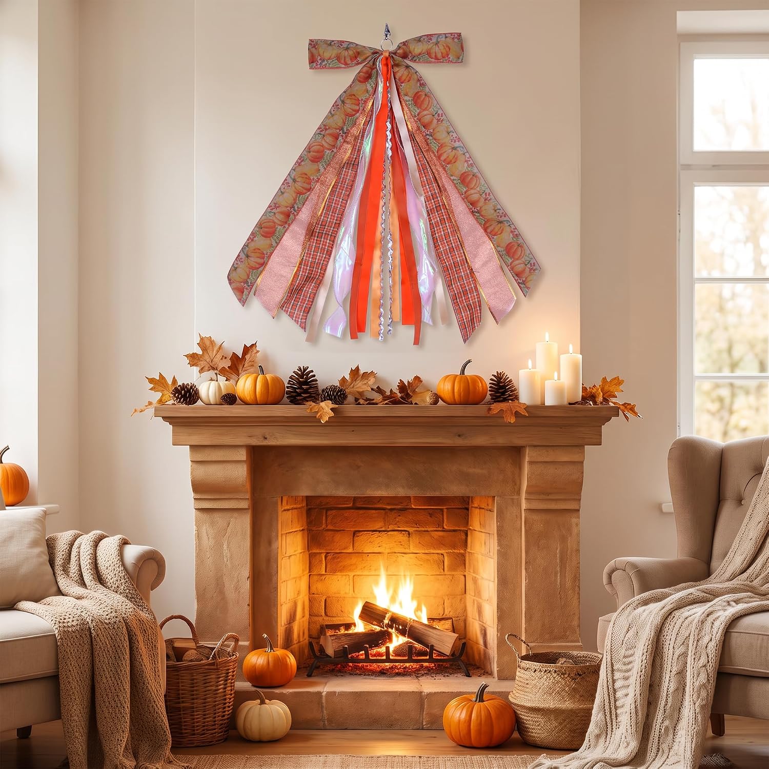 Fall Wreath Sash Autumn Wreath Bow, 12 * 23.6" Thanksgiving Bow Decorations