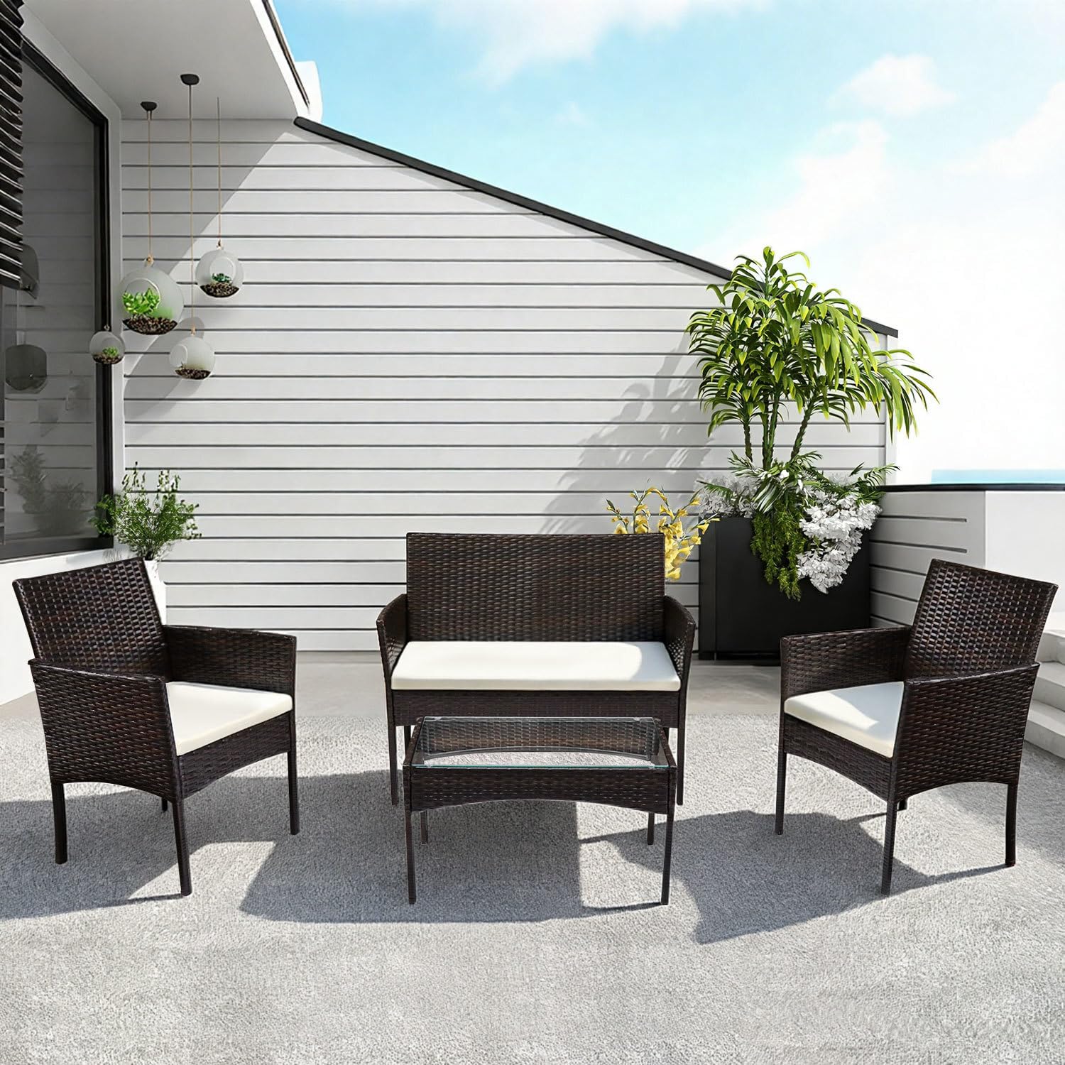 gruppo di sedute in polyrattan di mobili da giardino 7 pezzi, mobili da terrazza per 4 persone, incl. cuscini e tavolo, per giardino patio esterno, marrone