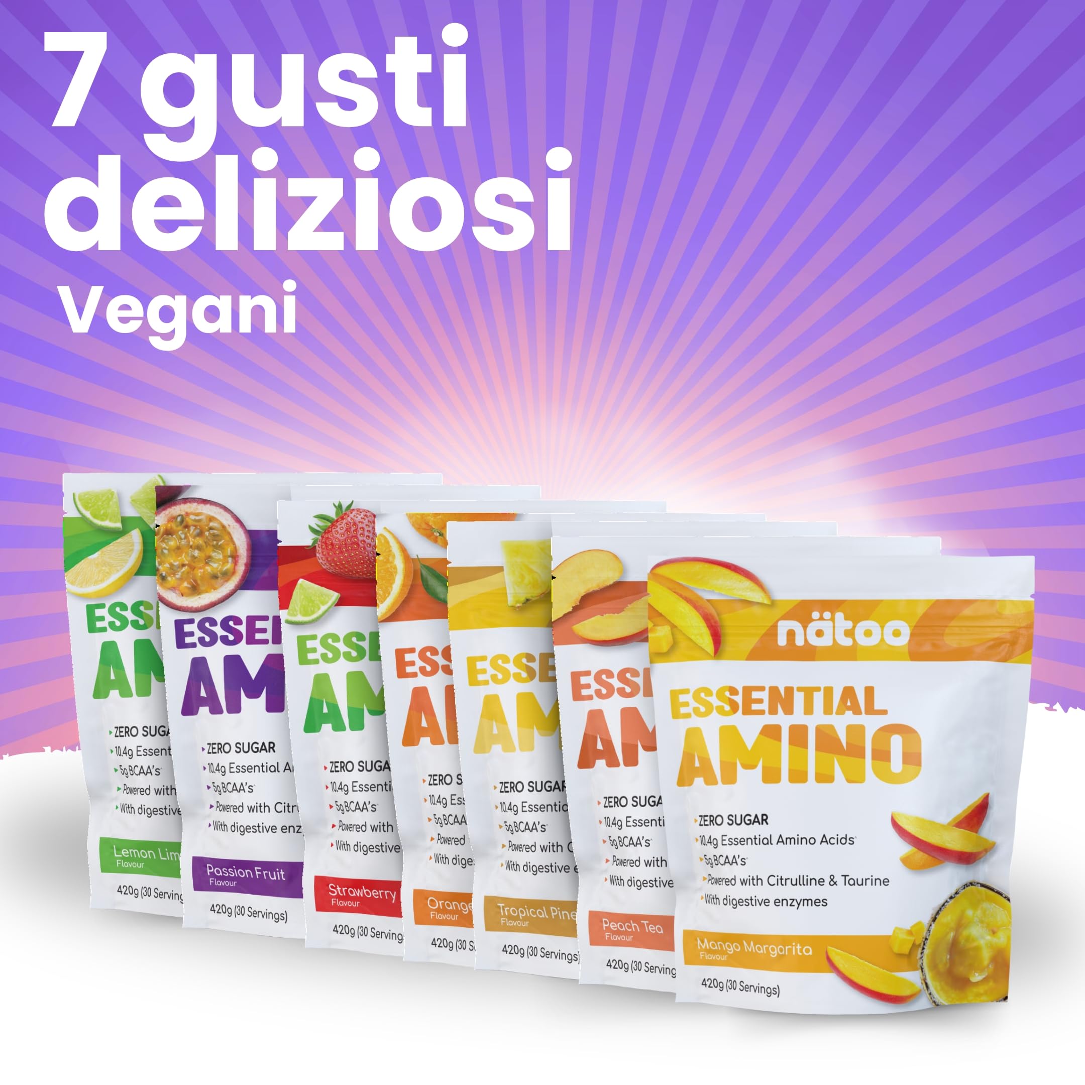 Nätoo Essential Amino Passion Fruit - Aminoacidi Essenziali in Polvere con BCAA, Vitamina C, B6, B12, Glutammina, Bromelina, Taurina, Citrullina - Prestazioni, Recupero al Top - Eaa Senza Zucchero