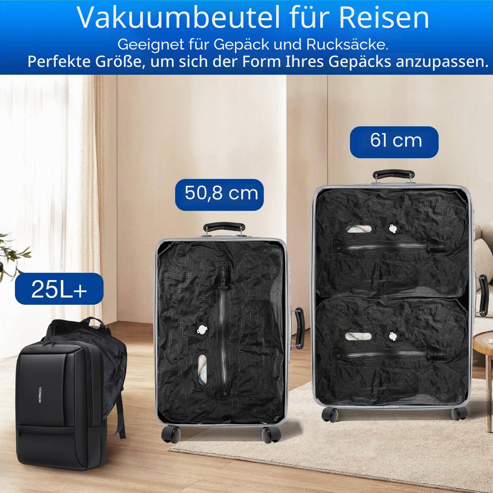 Vakuumbeutel für Kleidung Reise, Reise Vakuumbeutel mit Pumpe Kabelloser, Vacuum Bags for Clothing Travel Mit Sichtfenster, Doppellagiges Gewebe, Wasserdicht nach IP67 (2 Stück + 1 Pumpe)