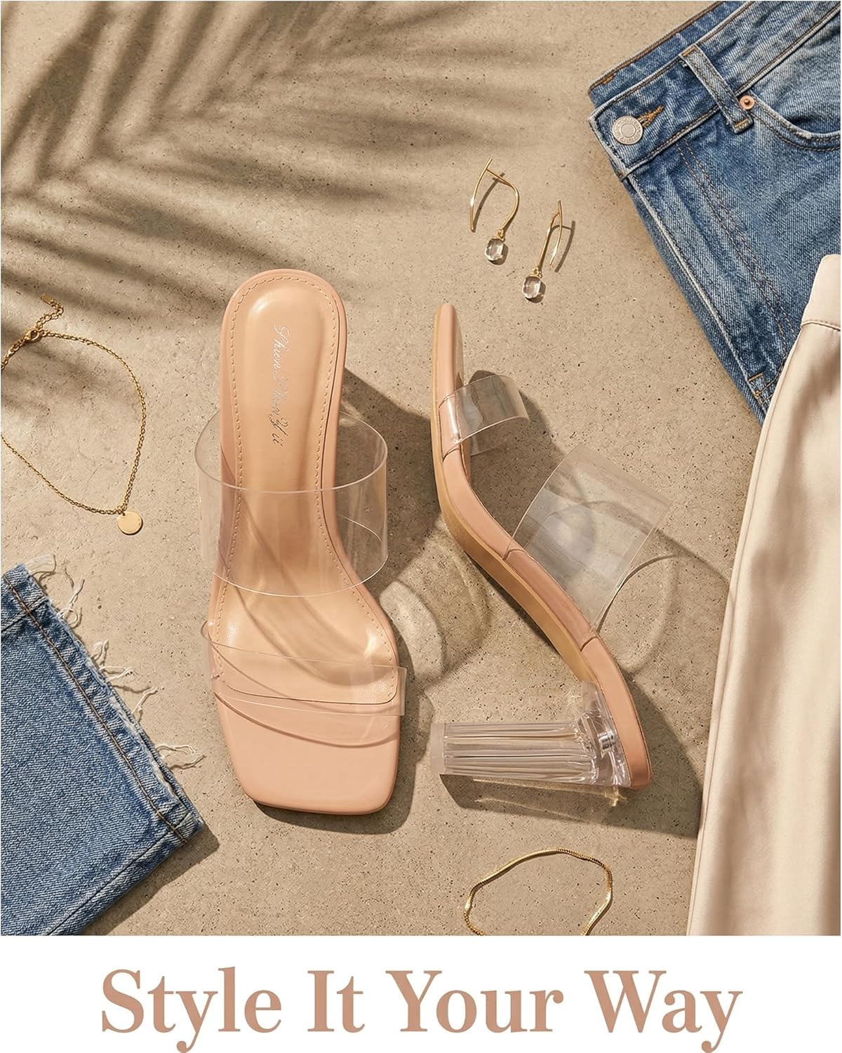 Clear Heels for Women Transparent Two Strap Block Chunky Square Heel Sandals Open Toe Slip On Mules Dressy Summer Wedding Party Beach Shoes