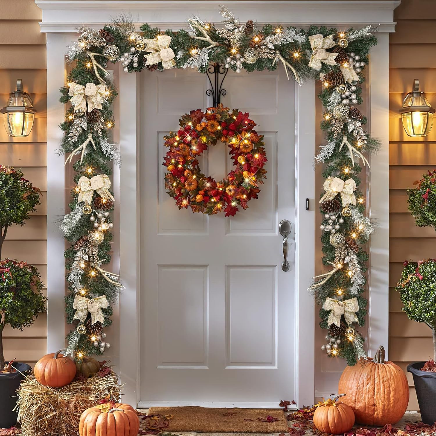 Adeeing Christmas Garland with Lights, Champagne Gold 6FT 20LED Pre-Lit Christmas Garland with Ball Ornaments, Ribbons, Pine Cones and Artificial Antlers for Door Mantle Stairs Christmas Decoration - Image 2