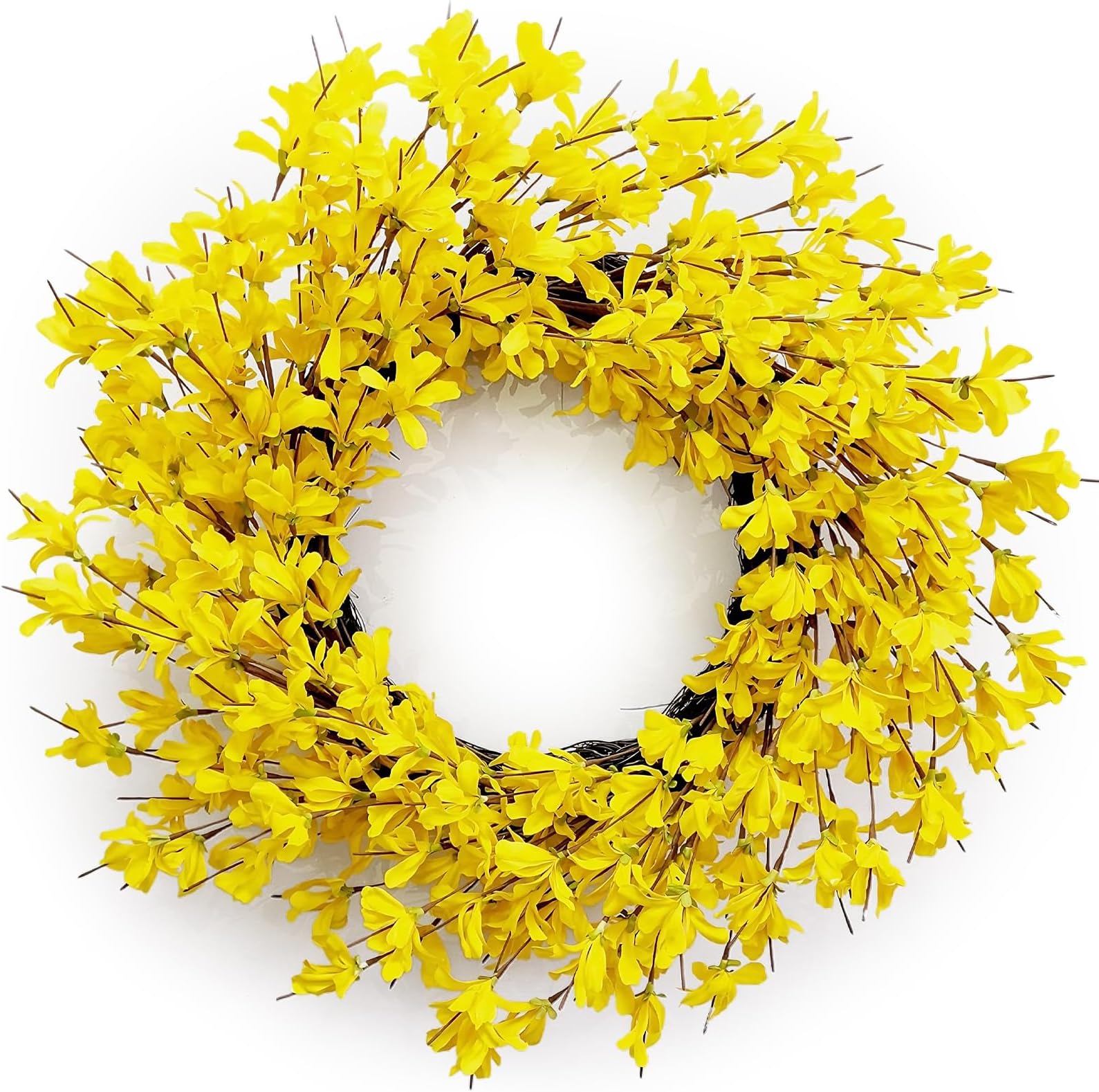 Yellow Forsythia Door Wreath Huashen 24 Inch Spring Front Door Wreath Blossom Cluster Flower Farmhouse Wreath on Grapevine for Christmas Celebration Front Door Wall Window Decoration Hanging