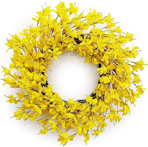 Miniatura 1 de Corona amarilla de Forsythia para puerta de Huashen de 24 pulgadas, corona de verano para puerta delantera, racimo de flores, corona de granja en